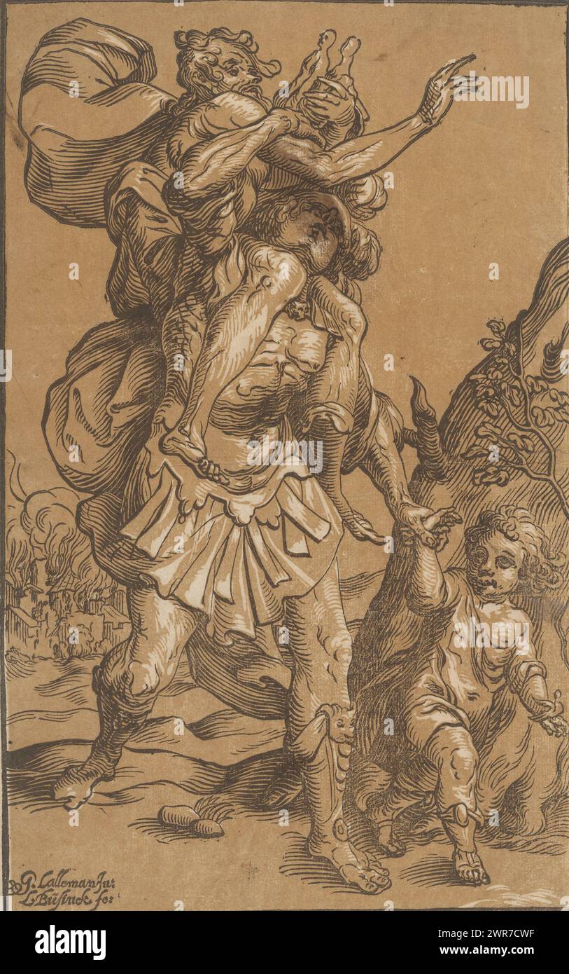 Aeneas trägt seinen Vater aus Troja, Druckerei Ludwig Büsinck, nach Entwurf von Georges Lallemand, 1600–1669, Papier, Höhe 342 mm x Breite 215 mm, Druck Stockfoto