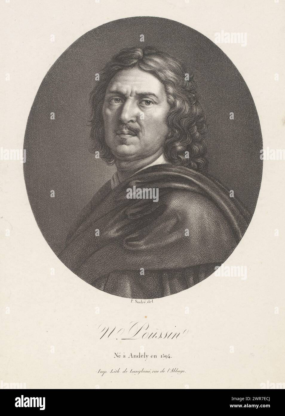 Porträt des Malers Nicolas Poussin, N. Poussin (Titel auf Objekt), Porträt französischer Berühmtheiten (Titel der Serie), Le panthéon francais (Titel der Serie), Druckerei: Jean Pierre Sudre (1783-1866), Drucker: Pierre Langlumé, Paris, 1822, Papier, Höhe 330 mm x Breite 271 mm, bedruckt Stockfoto