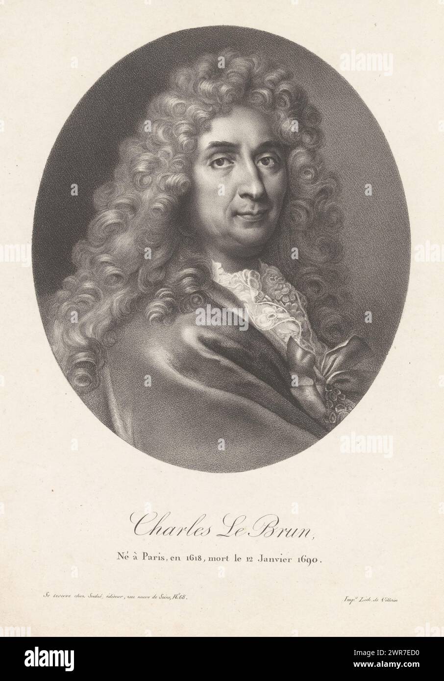 Porträt von Charles Le Brun, Charles Le Brun, né à Paris, en 1618, mort le 12 Janvier 1690 (Titel über Objekt), Druckerei: Anonym, Drucker: Francois Jean Villain, Verlag: Jean Pierre Sudre (1783-1866), Paris, 1818 - 1852, Papier, Höhe 330 mm x Breite 269 mm, Druck Stockfoto