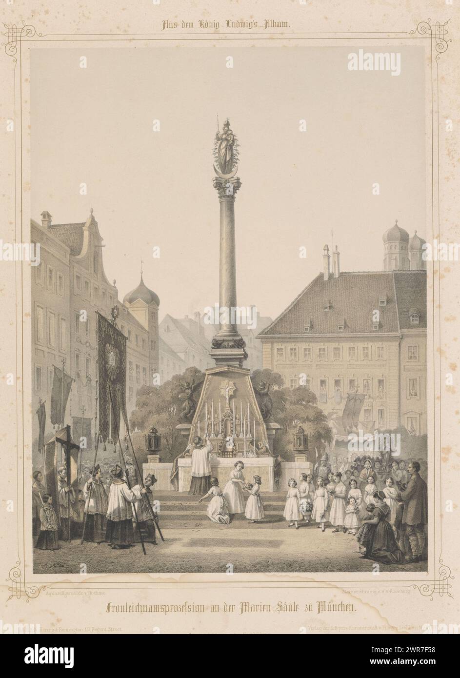 Fronleichnamsprozession an der Mariensäule in München, Fronleichnamsprozession an der Marien-Säule zu München (Titel über Objekt), Album präsentiert an Ludwig I. von Bayern (Serientitel), König-Ludwigs-Album (Serientitel über Objekt), Druckerei: Arthur Georg von Ramberg, nach Malerei von: Boehme, Verlag: Piloty & Löhle, Verlag: München, Verlag: London, 1850 - 1859, Papier, Höhe 590 mm x Breite 443 mm, bedruckt Stockfoto