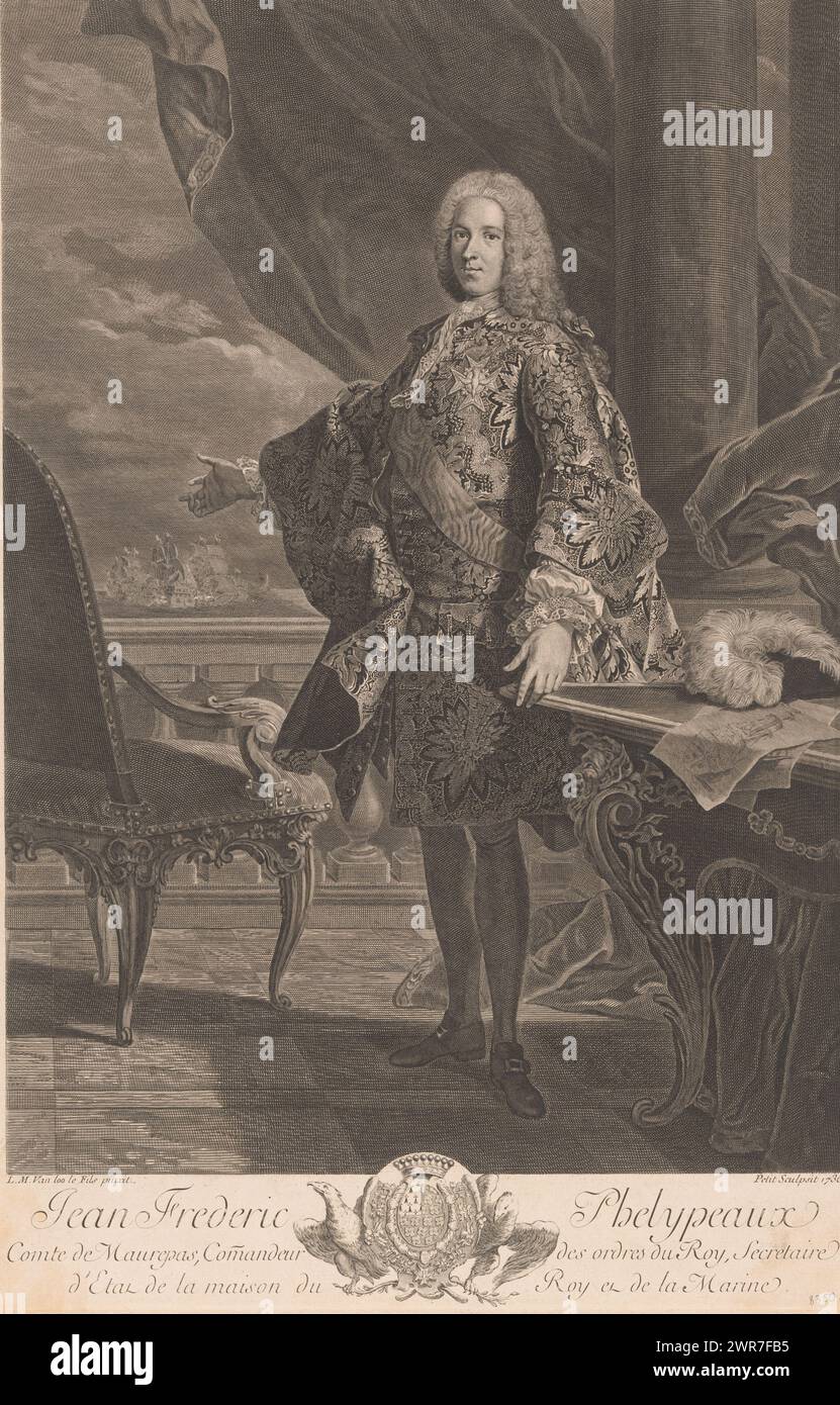 Porträt von Jean-Frédéric Phélypeaux, Druckerei: Gille Edme Petit, nach Malerei von Louis Michel van Loo, 1736, Papier, Gravur, Radierung, Höhe 507 mm x Breite 334 mm, bedruckt Stockfoto