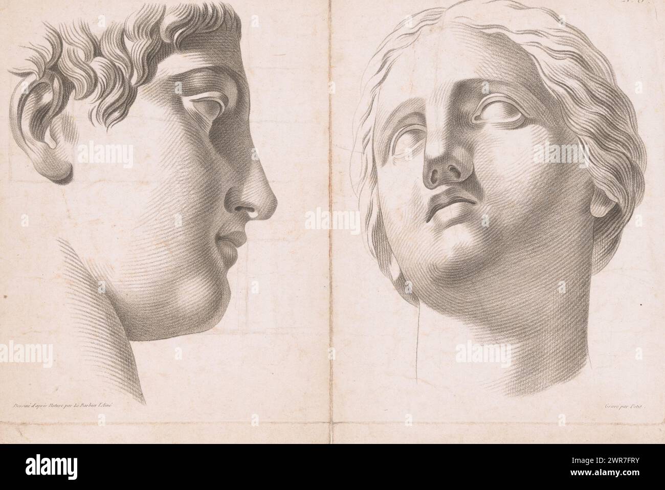 Männlicher und weiblicher Kopf, Prinzipien der Zeichnung aus der Natur, vierter Teil (Titel der Serie), ive Cahier de Principes Dessiné d'après Nature (Titel der Serie), Druckerei: Petit (Graveur), nach Zeichnung von Jean Jacques Francois Le Barbier, Verlag: Mondhare & Jean, Paris, 1784 - 1826, Papier, Radierung, Höhe 252 mm x Breite 388 mm, bedruckt Stockfoto Männlicher und weiblicher Kopf, Prinzipien der Zeichnung aus der Natur, vierter Teil (Titel der Serie), ive Cahier de Principes Dessiné d'après Nature (Titel der Serie), Druckerei: Petit (Graveur), nach Zeichnung von Jean Jacques Francois Le Barbier, Verlag: Mondhare & Jean, Paris, 1784 - 1826, Papier, Radierung, Höhe 252 mm x Breite 388 mm, bedruckt Stockfoto