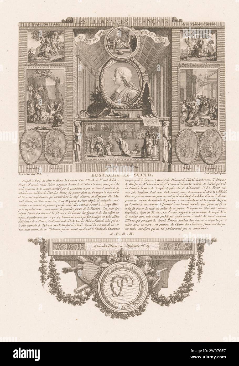 Allegorisches Porträt von Eustache Lesueur, Porträts französischer historischer Figuren (Titel der Serie), Les illustres francais, ou tableaux historiques des grands hommes de la France (Titel der Serie), Druckerei: Nicolas Ponce, nach Zeichnung von: Clément Pierre Marillier, Verlag: Nicolas Ponce, Verlag: Paris, Frankreich, 1790 - 1816, Papier, Ätzen, Gravieren, Höhe 333 mm x Breite 224 mm, Druck Stockfoto