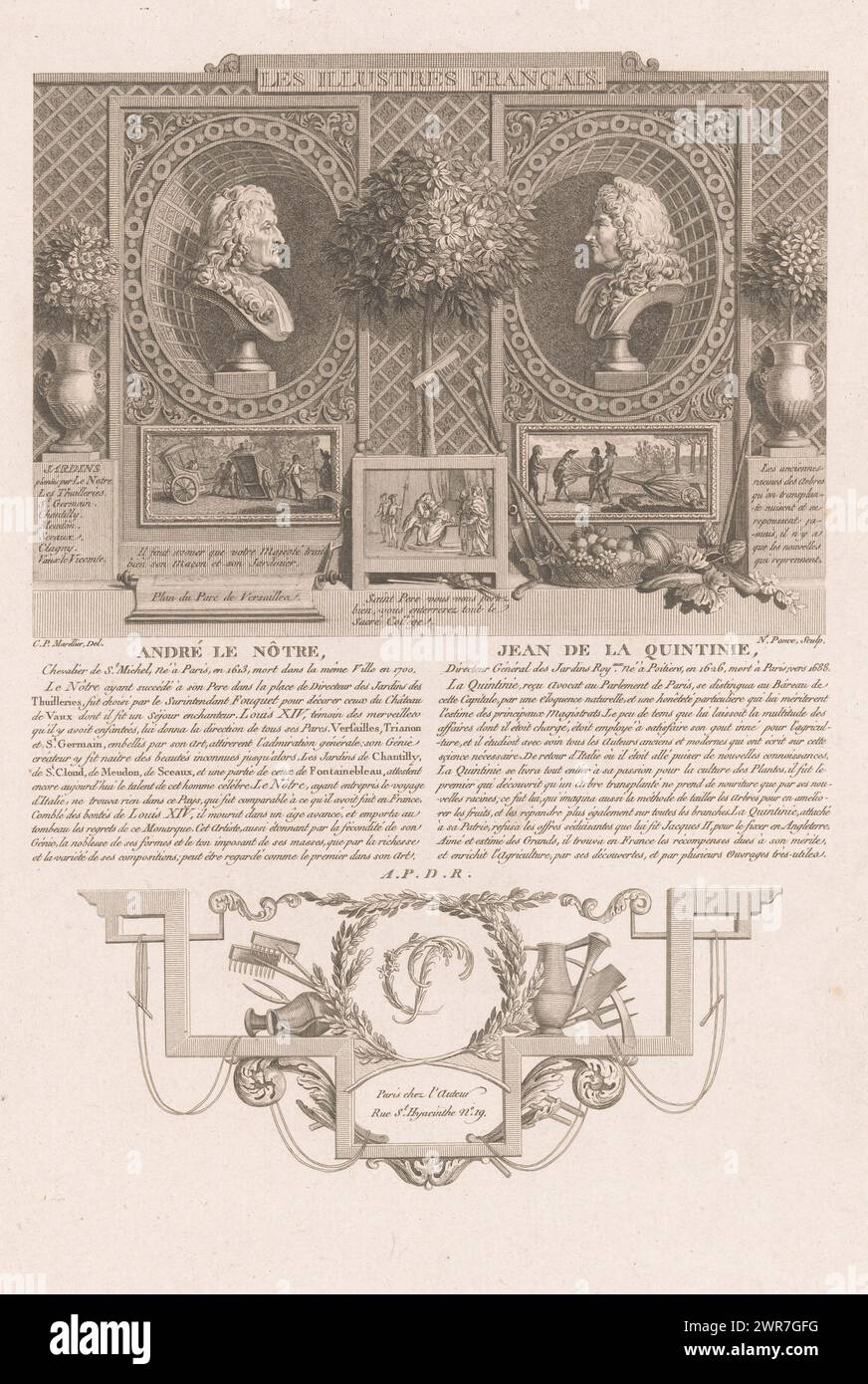 Allegorische Porträts von André Le Nôtre und Jean-Baptiste de la Quintinie, Porträts französischer historischer Figuren (Titel der Serie), Les illustres francais, ou tableaux historiques des grands hommes de la France (Titel der Serie), Druckerei: Nicolas Ponce, nach Zeichnung von: Clément Pierre Marillier, Verlag: Nicolas Ponce, Verlag: Paris, Frankreich, 1790 - 1816, Papier, Ätzen, Gravieren, Höhe 333 mm x Breite 228 mm, Druck Stockfoto