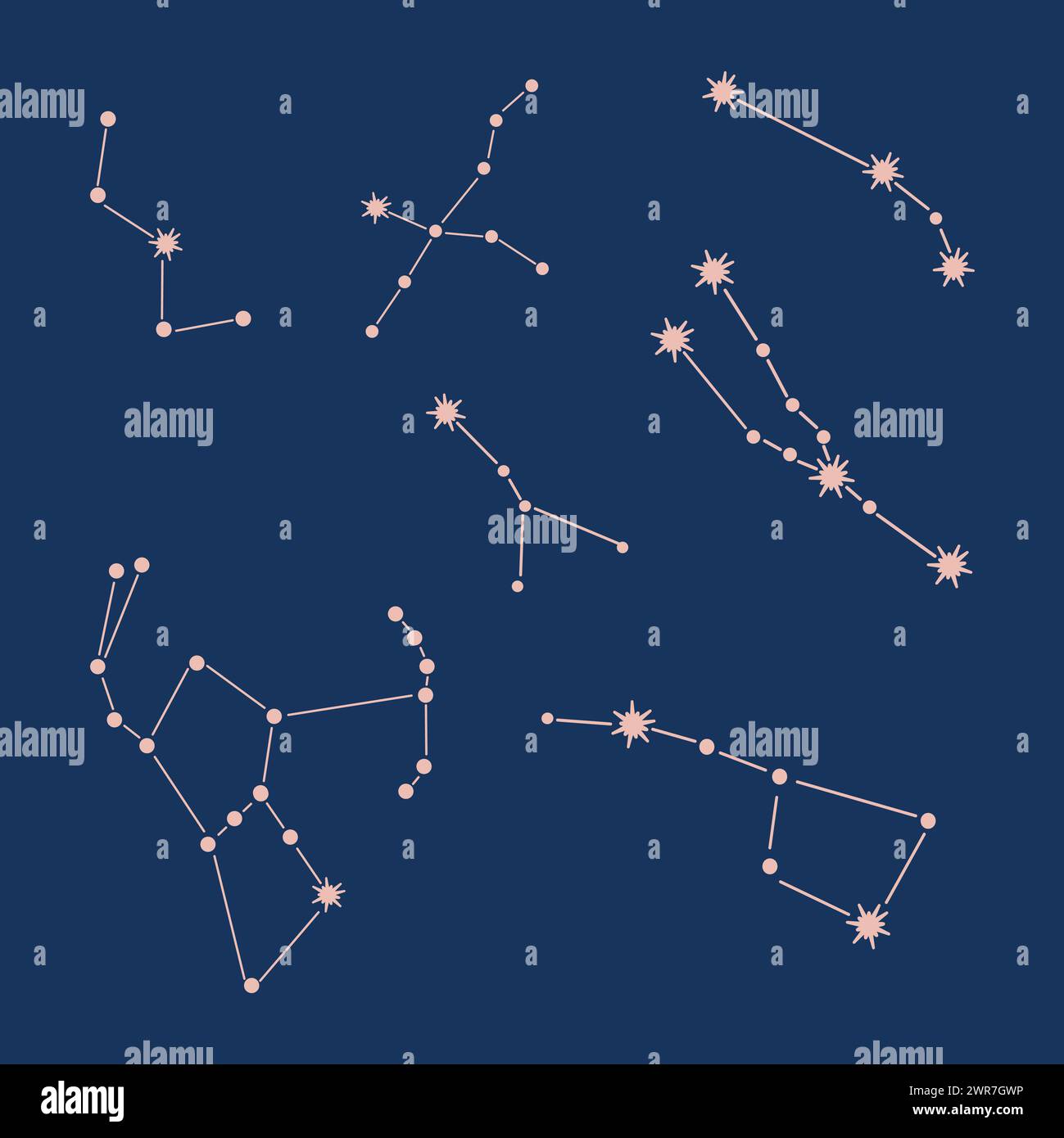 Satz von Sternbildvektorabbildungen. Hunter, Orion, Cassiopeia, Cygnus, Big Dipper, Aries, Stier. Stockfoto