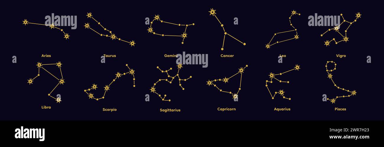 Satz von Sternbildvektorabbildungen. Aries, Stier, Gemini, Krebs, Leo, Virgo, Libra, Skorpio, Schütze, Steinbock, Wassermann, Fische. zodiac Stockfoto