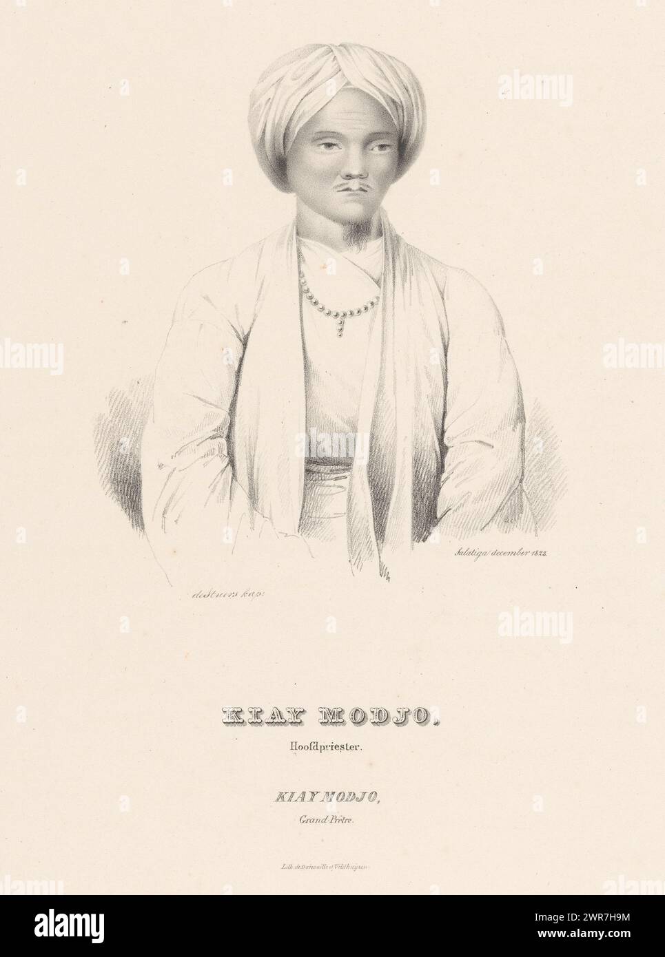 Porträt von Kiay Modjo, der Sitter trägt einen Turban und eine Halskette. Unter dem Porträt der Name der dargestellten Person und seine Position: Oberpriester., Druckerei: Jean Augustin Daiwaille, nach Entwurf: Hubert Joseph Jean Lambert de Stuers, Drucker: Daiwaille en Veldhuijzen, Amsterdam, 1828, Papier, Höhe 435 mm x Breite 335 mm, Druck Stockfoto