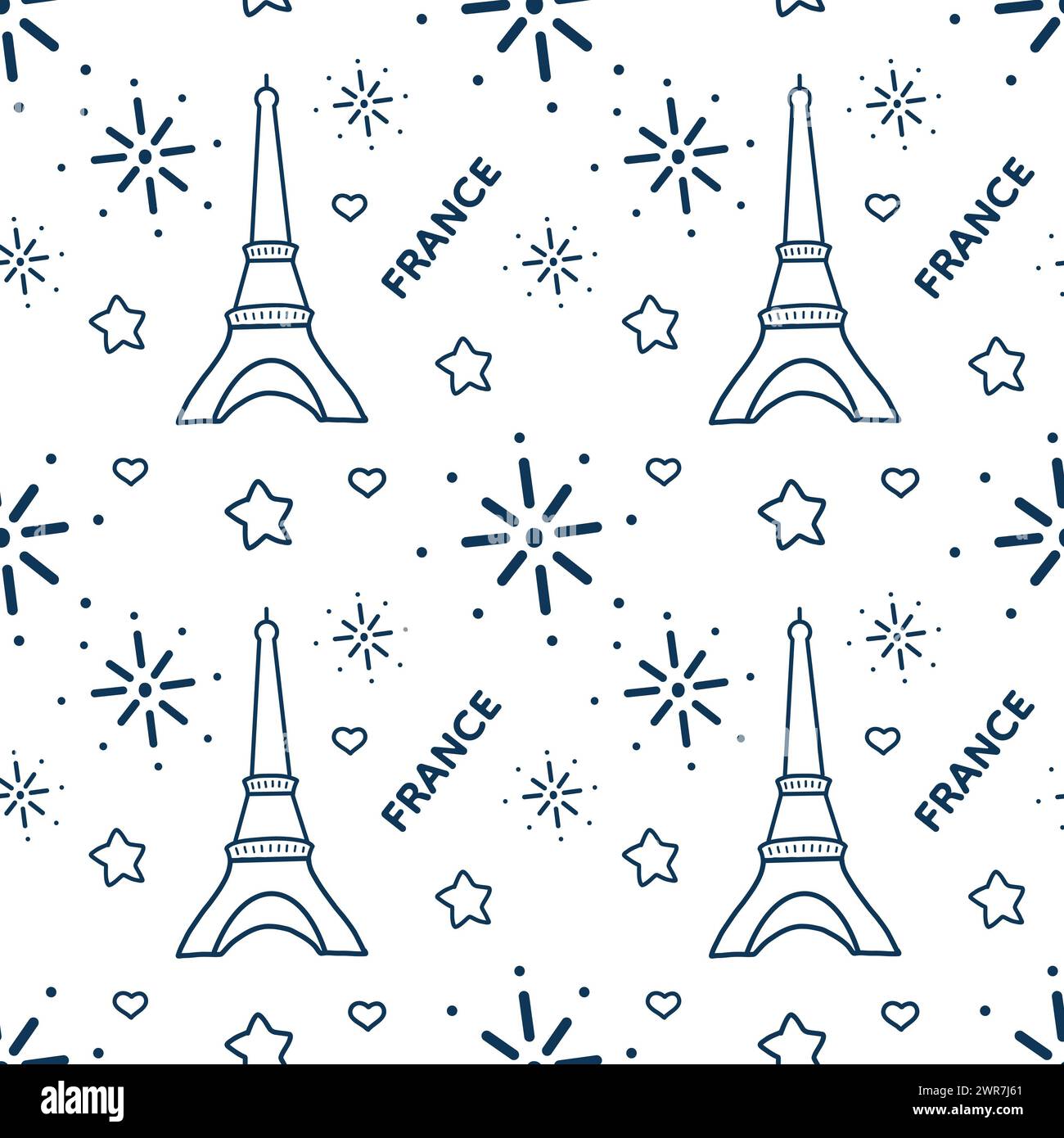 Nahtloses Muster von Symbolen Paris. Reise Doodle Line Art Vektor Illustration. Handgezeichnet. Für Hintergrund, Karte, Einladung, Muster, soziale Medien Stockfoto