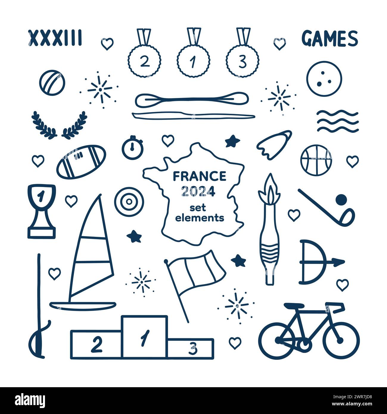 Linienzeichnung mit Pariser Symbolen, dekorativen Elementen, Sport. Vektor-Illustration für Karten, Hintergrund, Design, Aufkleber, Muster, Beiträge in sozialen Medien, Stockfoto
