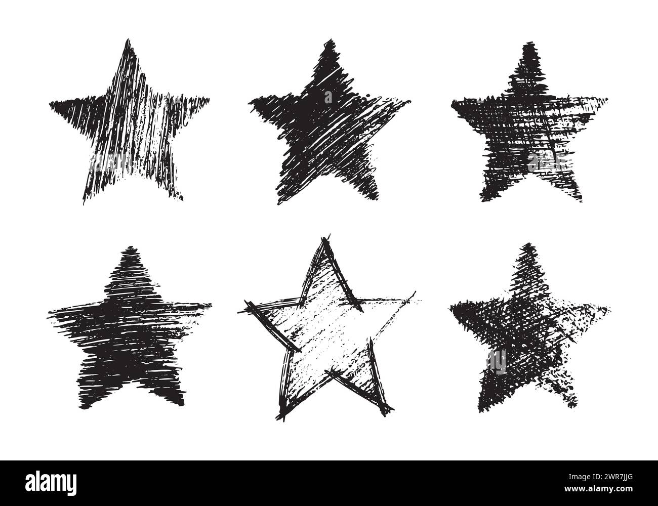 Set aus sechs schwarzen handgezeichneten Sternen. Raue Sternform im Doodle-Stil auf weißem Hintergrund. Vektorabbildung Stock Vektor