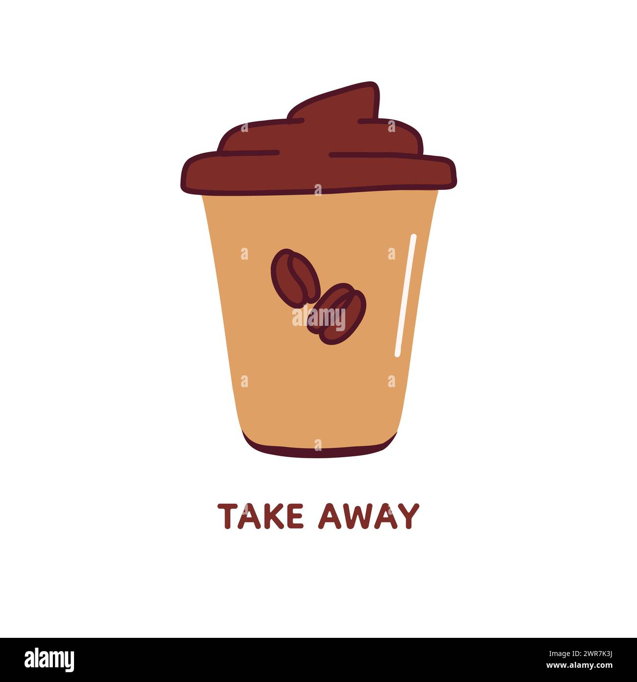 Abbildung: Kaffee zum Mitnehmen. Kalte und heiße Getränke. Bastelglas, Becher mit Deckel. Isoliert auf weißem Hintergrund. Stockfoto