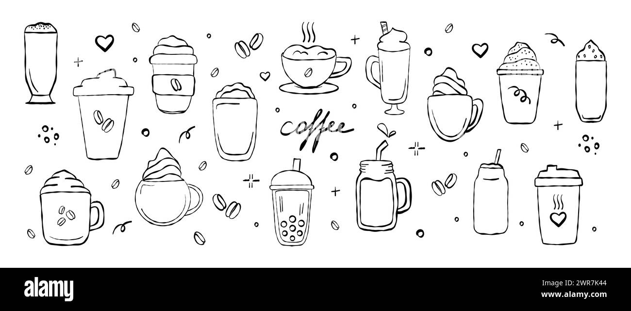 Handgezogenes Set aus verschiedenen Kaffeegetränken. Kritzelvektorillustrationen isoliert auf weißem Hintergrund. Espresso, Americano, Cappuccino, Latte. Stockfoto