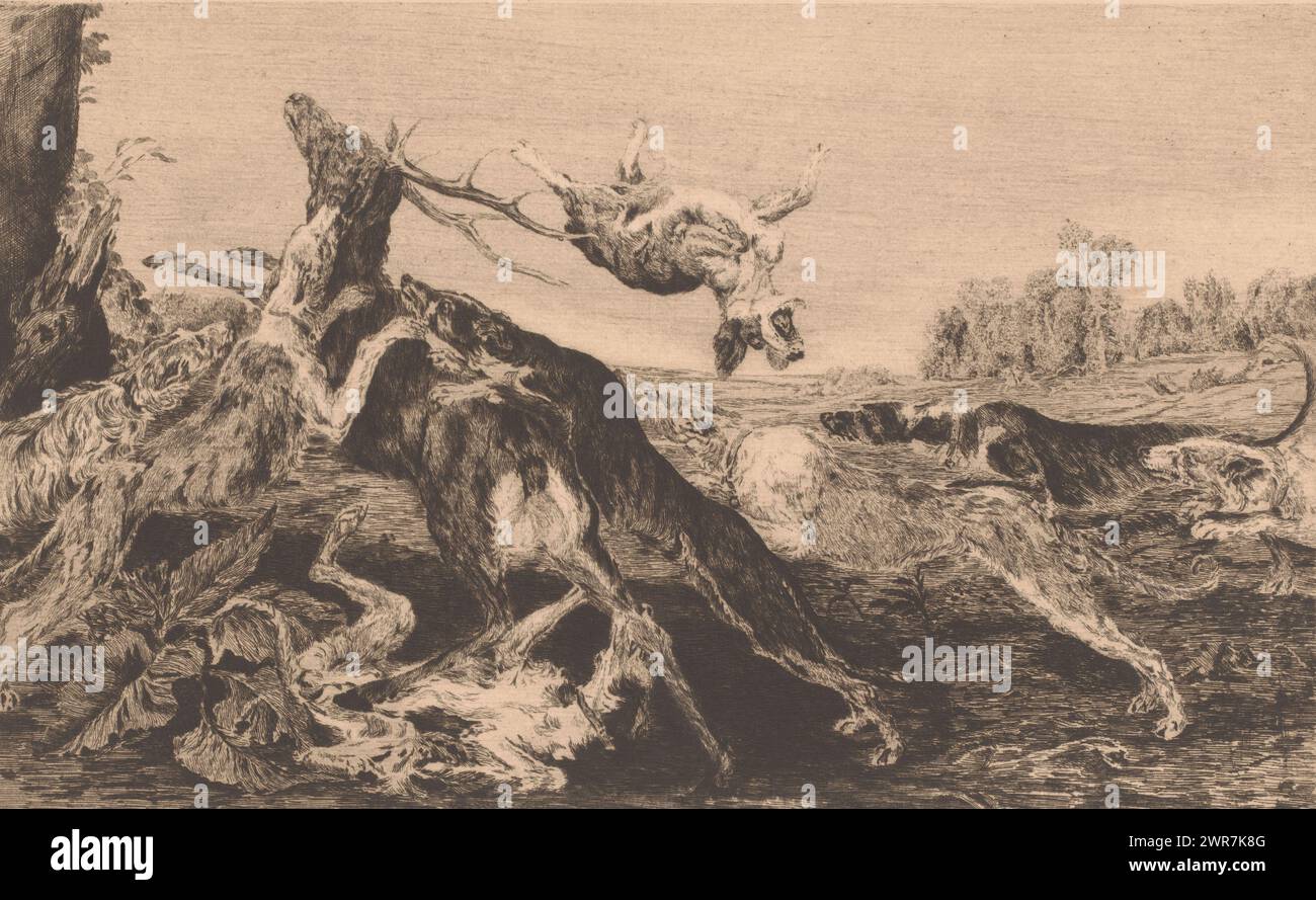 Jagdhunde schnappen sich ein Hirsch, Druckerei: Eugène Cosyns, (signiert vom Künstler), 1887, Papier, Ätzen, Höhe 282 mm x Breite 405 mm, bedruckt Stockfoto