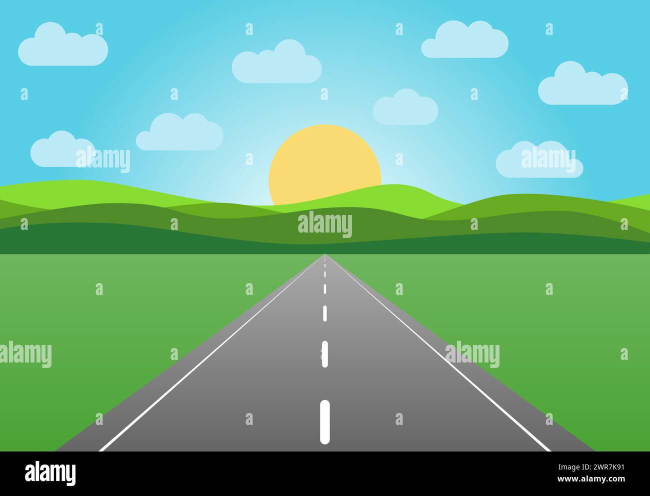 Vektorasphaltstraße, die in den Horizont abfährt. Sommerlandschaft mit Autobahn bei Sonnenaufgang mit grünem Feld und Wolken am blauen Himmel. Stock Vektor