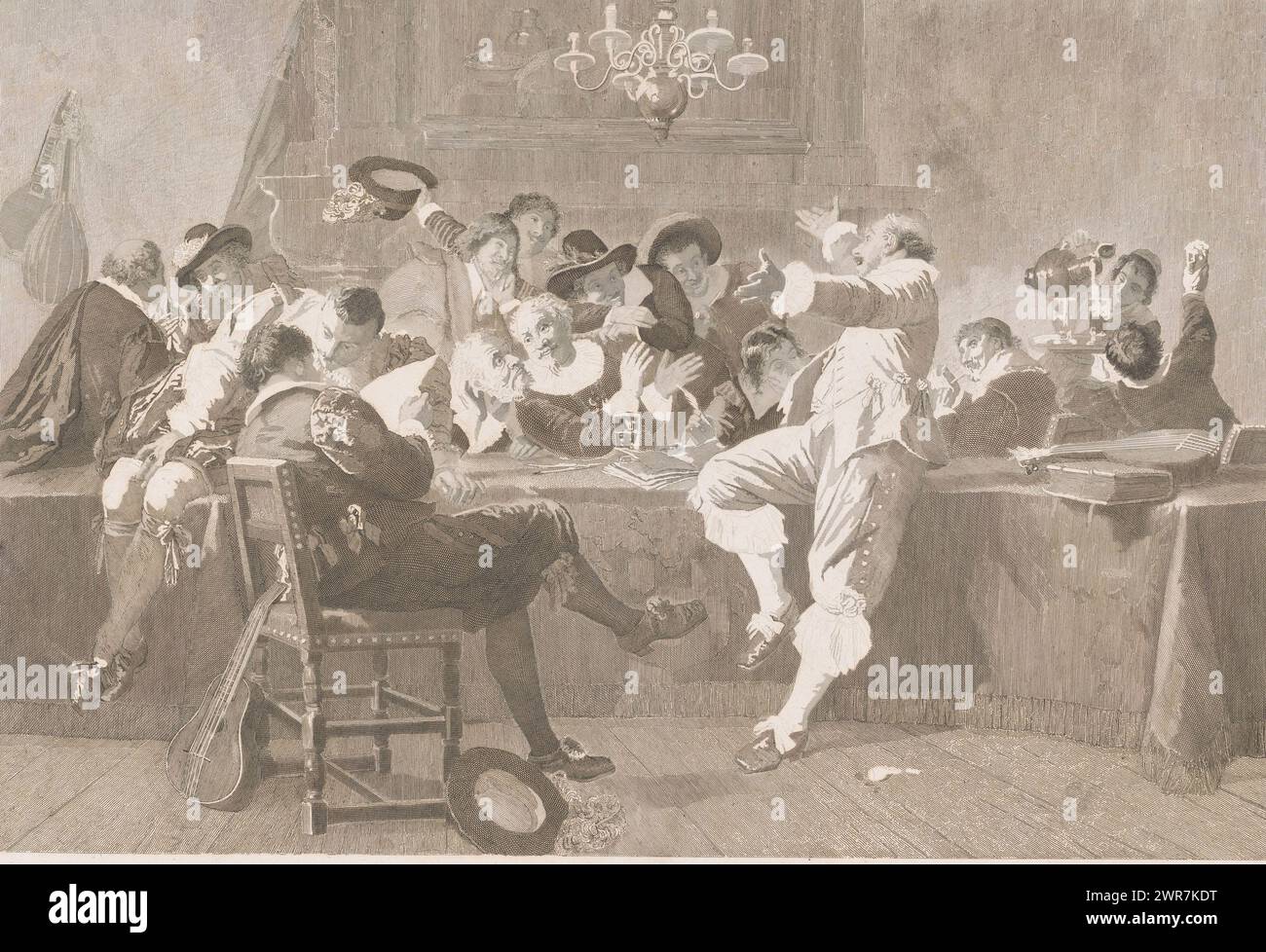 Jolly Company von Männern in Kleidung des 17. Jahrhunderts, Druckerei: Joseph Arnold Demannez, (signiert vom Künstler), Belgien, 1836 - 1902, Papier, Gravur, Ätzen, Höhe 432 mm x Breite 613 mm, Druck Stockfoto