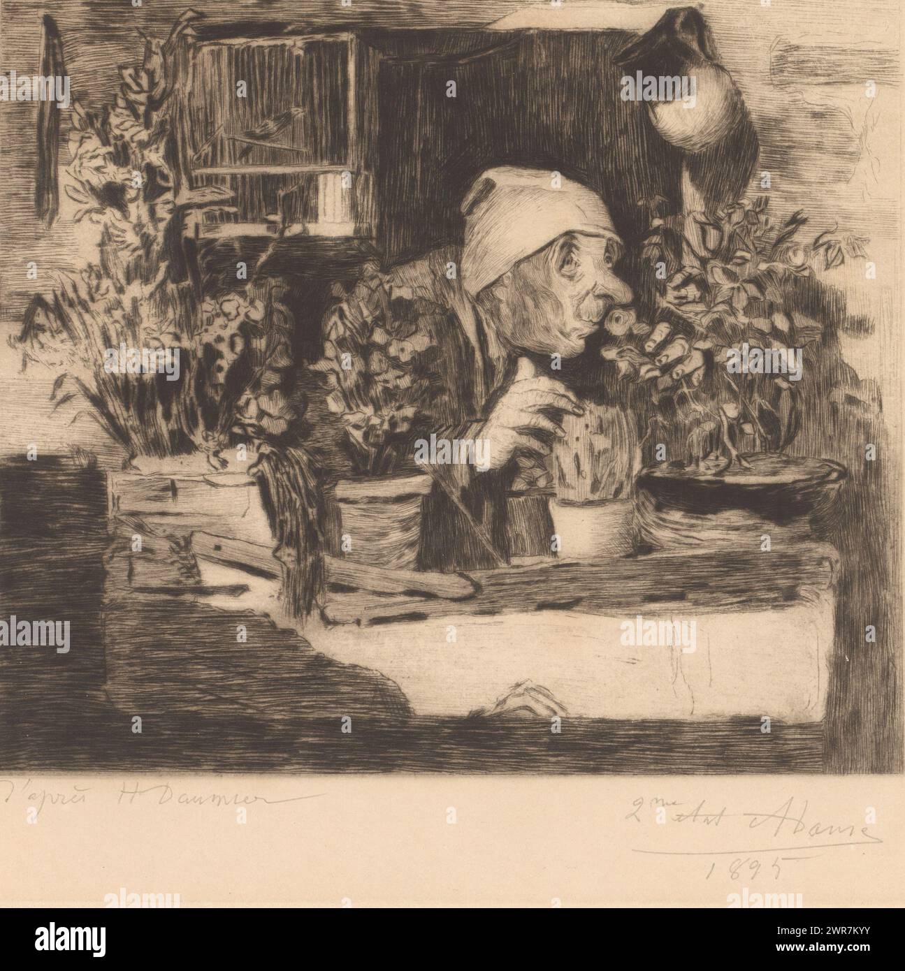 Alter Mann in einem Schlummertrunk riecht die Blumen auf seiner Fensterbank, Druckerei: Auguste Danse, (signiert von Künstler), nach Entwurf: Honoré Daumier, 1895, Papier, Ätzung, Trockenspitze, Höhe 255 mm x Breite 276 mm, bedruckt Stockfoto