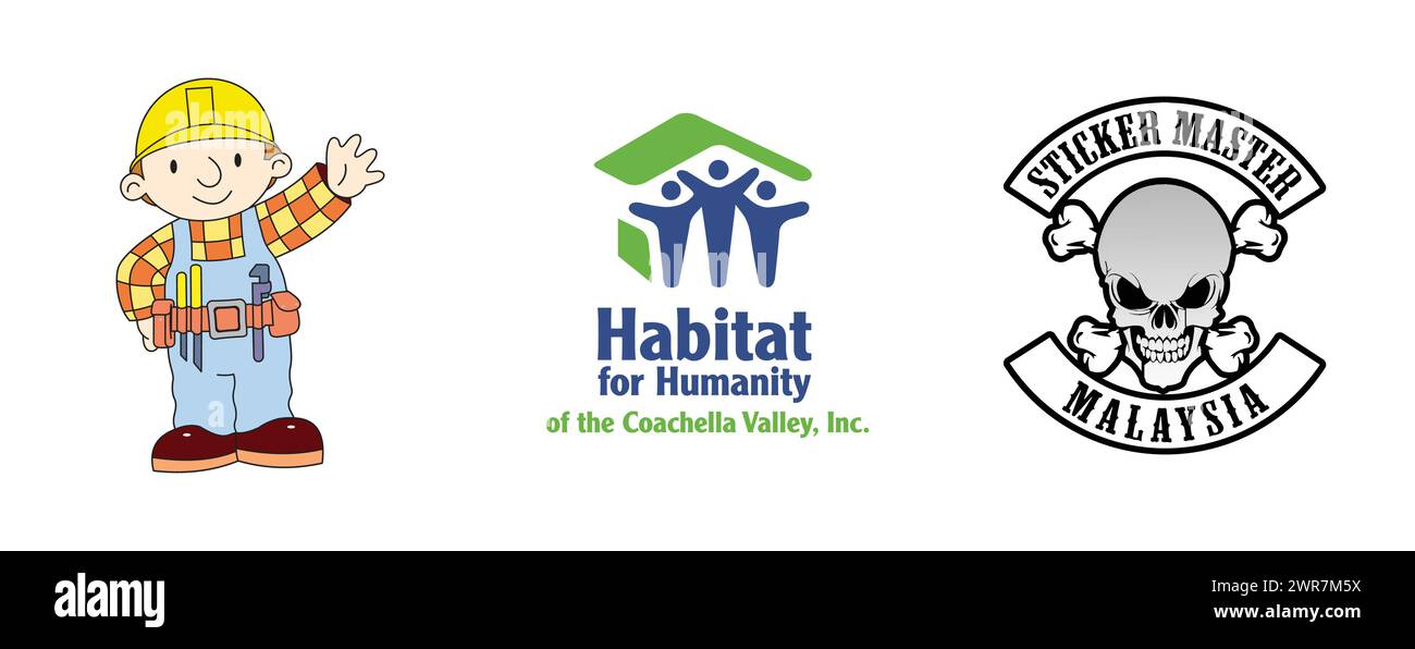 Stickermeister, Habitat für die Menschheit, Bob der Baumeister. Kunst und Design Vektor-Logo auf isoliertem Hintergrund. Stock Vektor