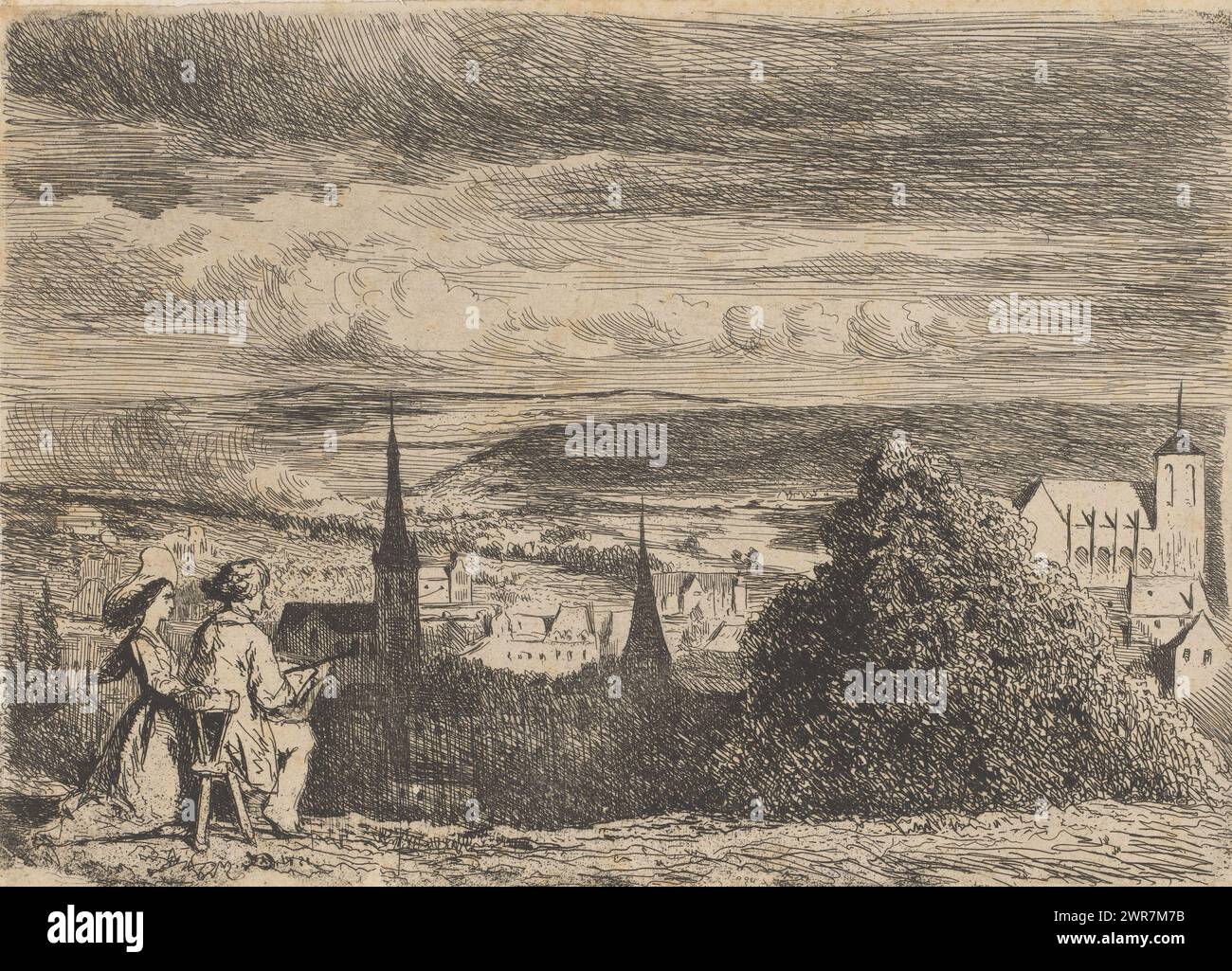 Landschaft mit Frau und Künstler zeichnend der Unterstadt, Druckerei: Adolphe Alexandre Dillens, 1831 - 1877, Papier, Ätzung, Höhe 135 mm x Breite 188 mm, Druck Stockfoto