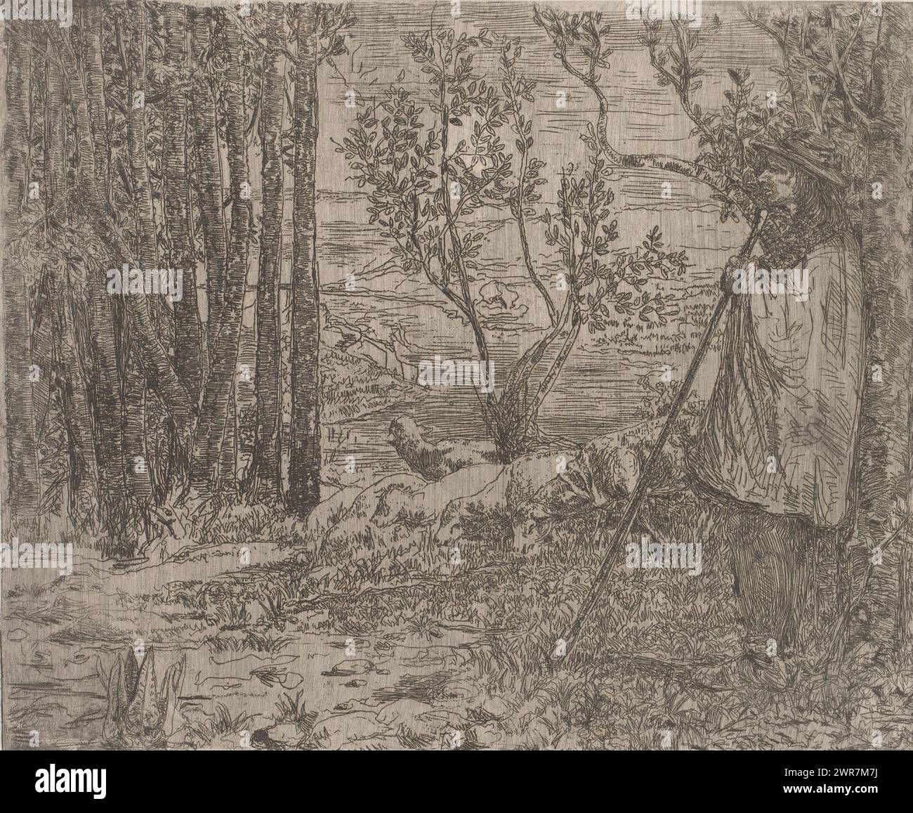 Schäferhund mit Schafen im Wald, Druckerei: Charles Doudelet, (zugeschrieben), 1871–1909, Papier, Ätzen, Höhe 201 mm x Breite 245 mm, bedruckt Stockfoto