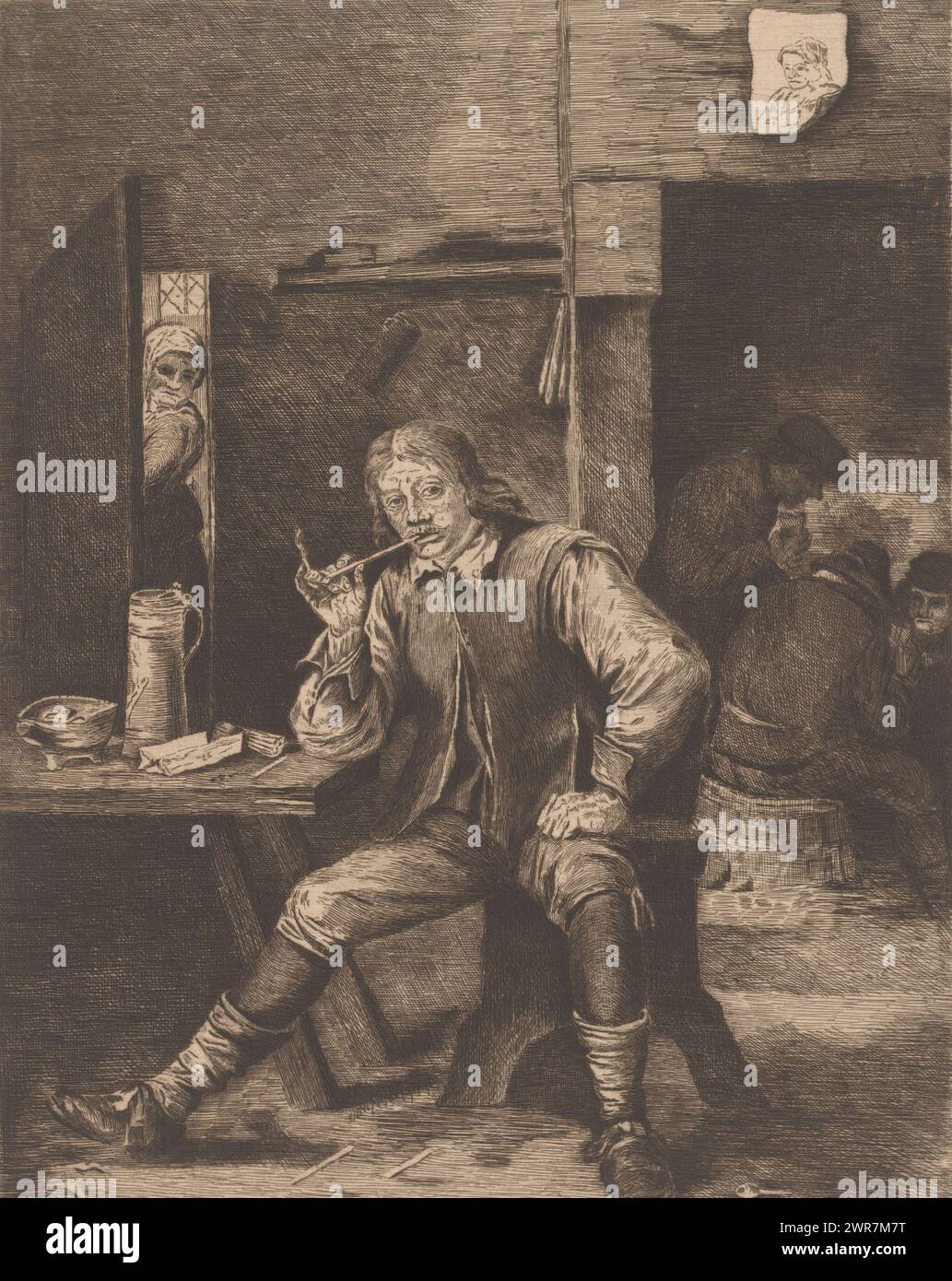 Gasthof mit einem Mann, der Pfeife raucht, eine Frau in der Tür und Männer, die Karten spielen, Druckmacher: Joseph Dujardin, nach Entwurf von: Teniers, 1896, Papier, Ätzen, Höhe 339 mm x Breite 240 mm, Druck Stockfoto