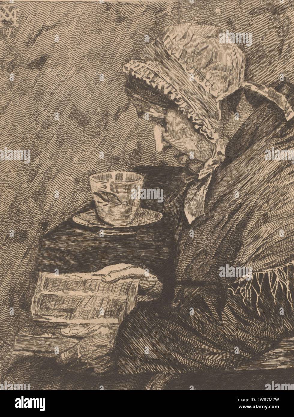 Eine alte Frau liest aus einem Buch und auf dem Tisch steht eine Teetasse, Druckerei: Joseph Dujardin, (signiert vom Künstler), nach Entwurf: Xavier Mellery, 1882, Papier, Ätzung, Höhe 307 mm x Breite 240 mm, Druck Stockfoto