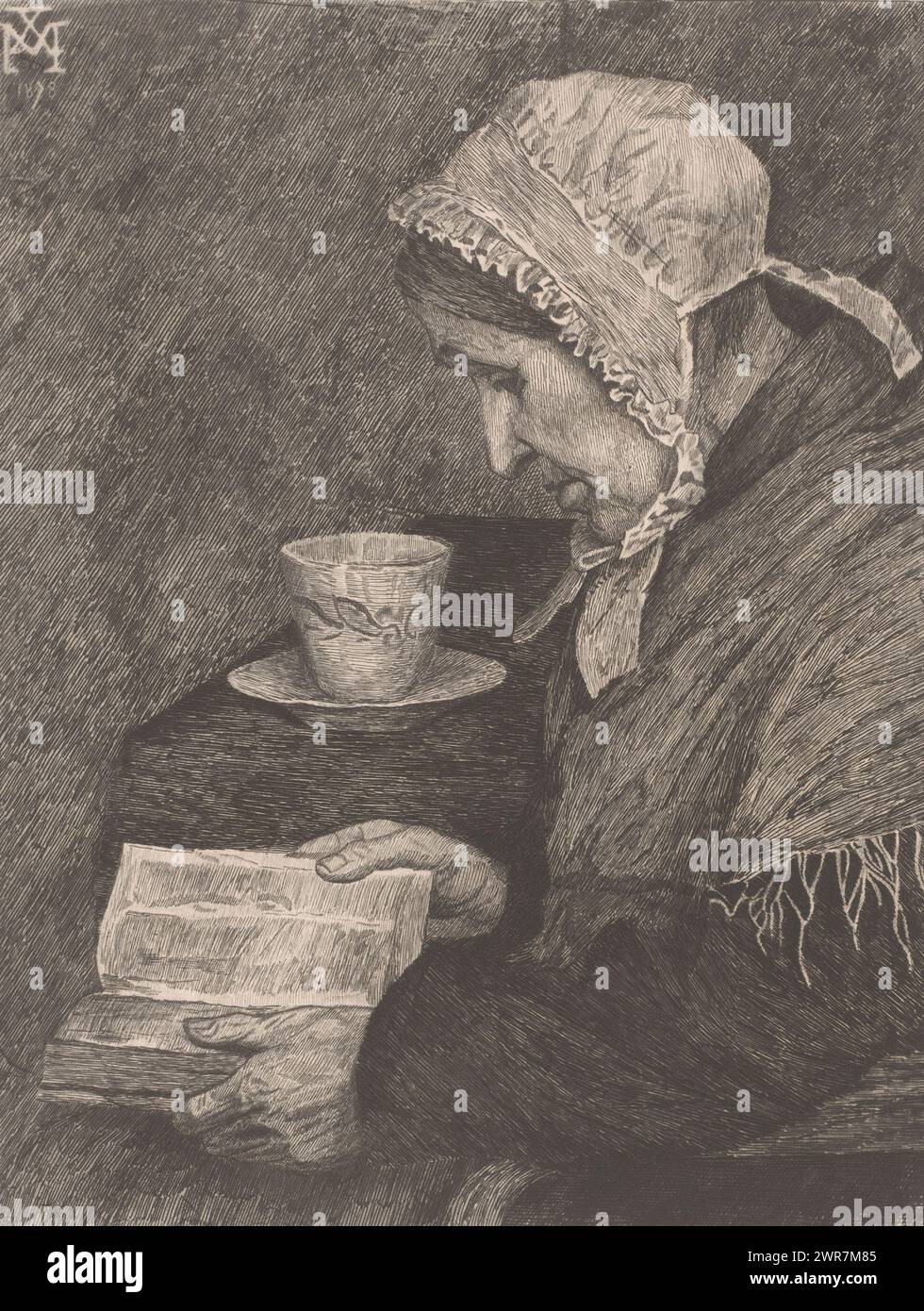 Eine alte Frau liest aus einem Buch und es gibt eine Teetasse auf dem Tisch, Druckerei: Joseph Dujardin, nach Entwurf von: Xavier Mellery, 1882, Papier, Ätzen, Höhe 310 mm x Breite 240 mm, Druck Stockfoto