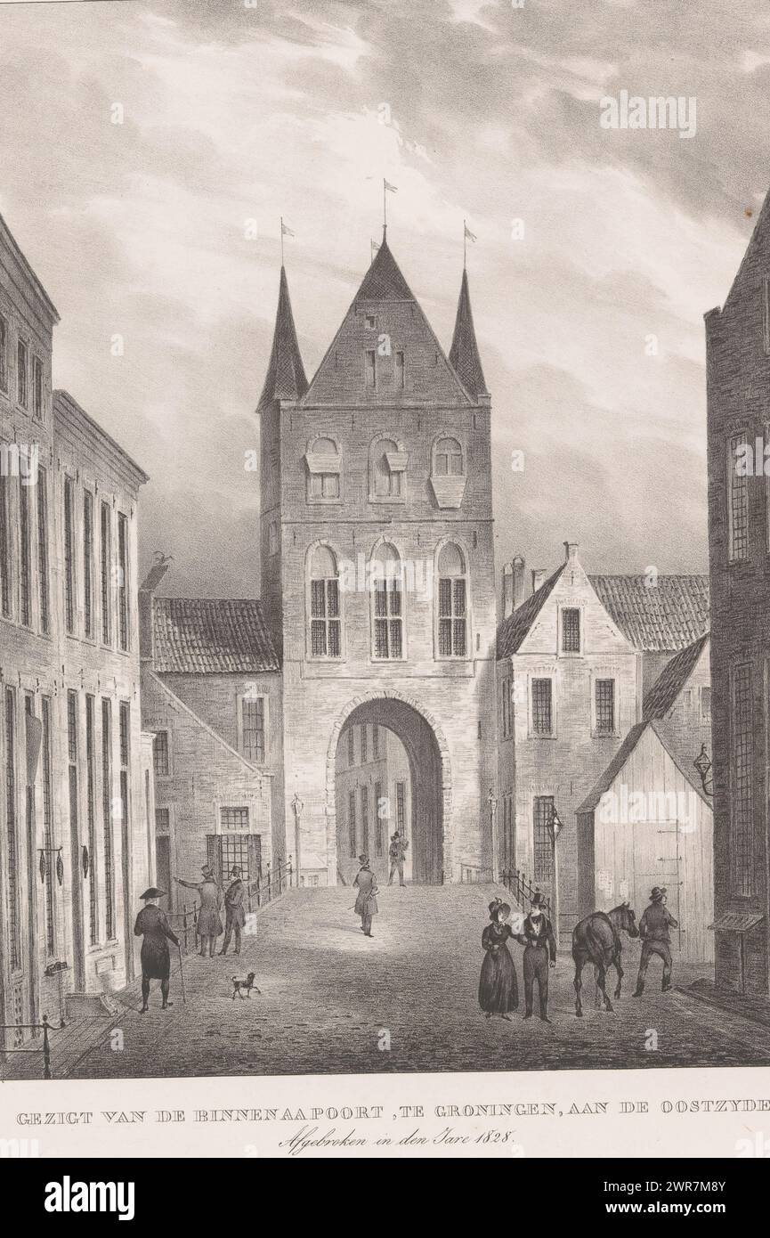 Ansicht des AA-Tors in Groningen auf der Ostseite, Ansicht des Binnen AA Poort, in Groningen, auf der Ostseite, abgerissen im Jahr 1828 (Titel auf Objekt), vier Ansichten des Poelpoorts und des AA-Tors in Groningen (Serientitel ), Druckerei: Anonym, Verlag: Jan Oomkens, Druckerei: Niederlande, Verlag: Groningen, 1832, Papier, Höhe 502 mm x Breite 363 mm, Druck Stockfoto