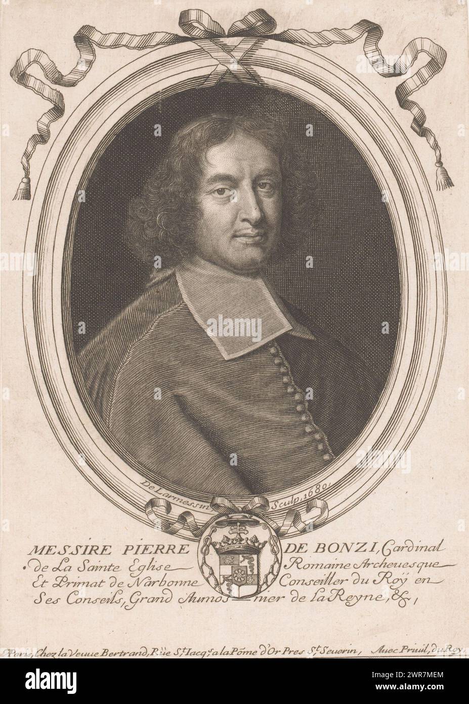 Porträt von Pierre de Bonzi, Porträt prominenter Persönlichkeiten (Serientitel), Druckerei: Nicolas de Larmessin (I), Verlag: veuve Bertrand, Lodewijk XIV (koning van Frankrijk), Druckerei: Frankreich, Verlag: Paris, Frankreich, 1680, Papier, Gravur, Höhe 238 mm x Breite 165 mm, bedruckt Stockfoto