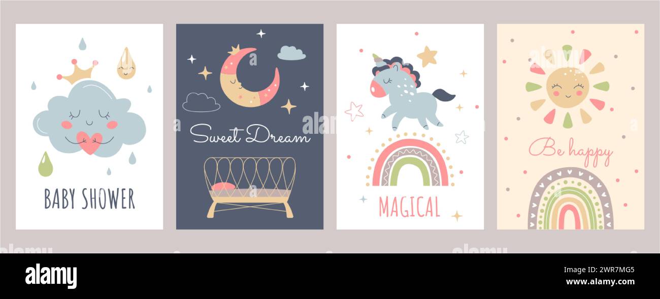 Boho Baby Poster im skandinavischen Stil. Babyschablonen mit süßer Sonne, Regenbogen, Wolke, Einhorn, Wiege und Mond. Böhmische Einrichtung für Kinderzimmer. Drucken Sie Wandbilder mit Zitaten aus handschriftlicher Schrift. Stock Vektor