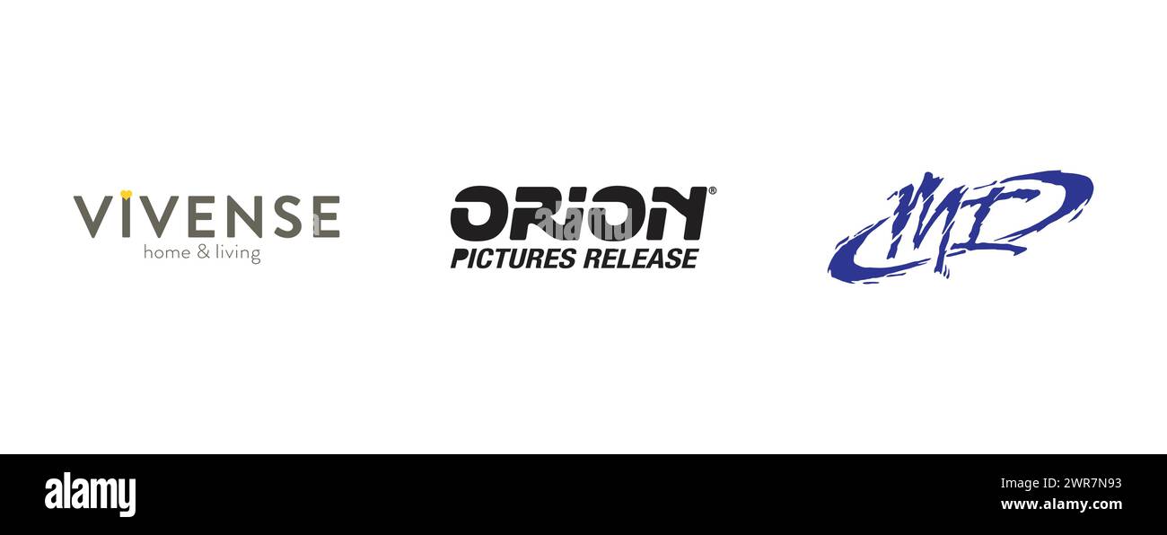 Vivense, Modern Image, Orion Pictures Release. Kunst und Design Vektor-Logo auf isoliertem Hintergrund. Stock Vektor