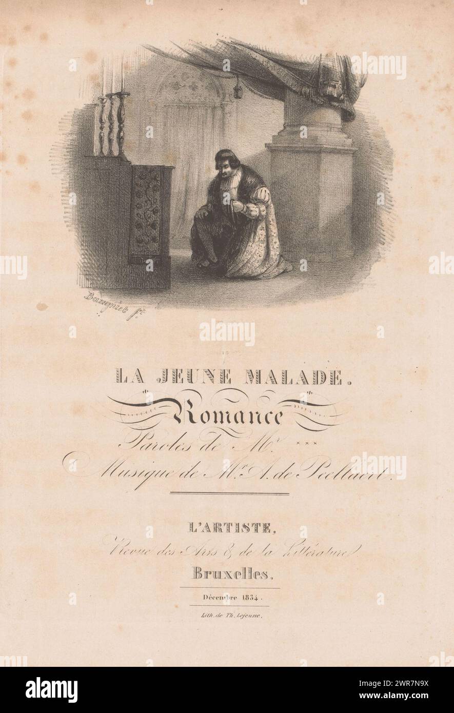 Kniender Mann vor einem Altar, La-Jeune-Malade. Romantische Bewährungen (...) Peellaert (Titel über Objekt), Druckerei: Charles Baugniet, Verlag: Théodore Lejeune, Augustin Philippe Marie Ghislain Baron de Peelaert, Brüssel, 1834, Papier, Höhe 282 mm x Breite 232 mm, Druck Stockfoto