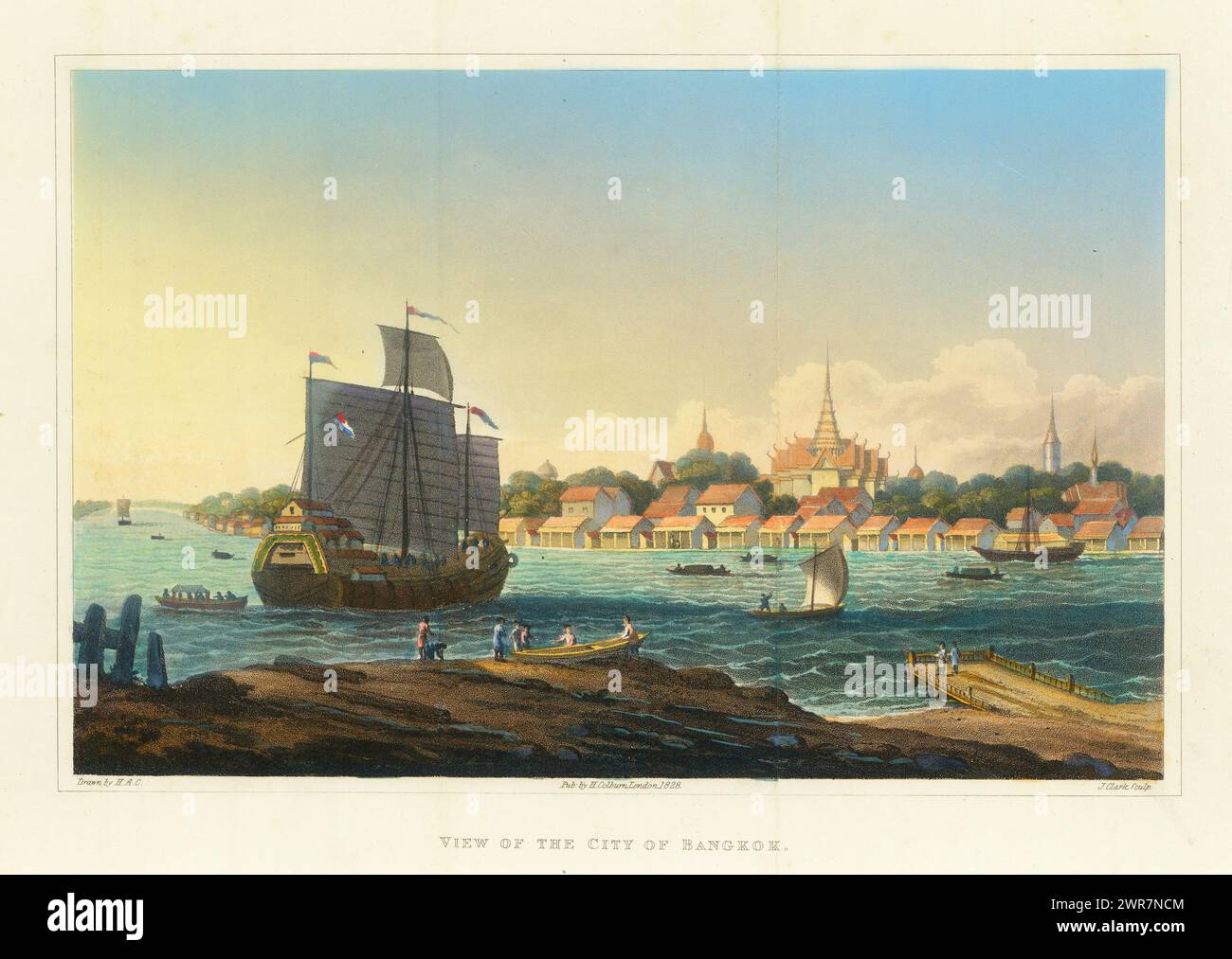 Vintage-Farblithographie, Blick auf die Stadt Bangkok aus dem 19. Jahrhundert Stockfoto