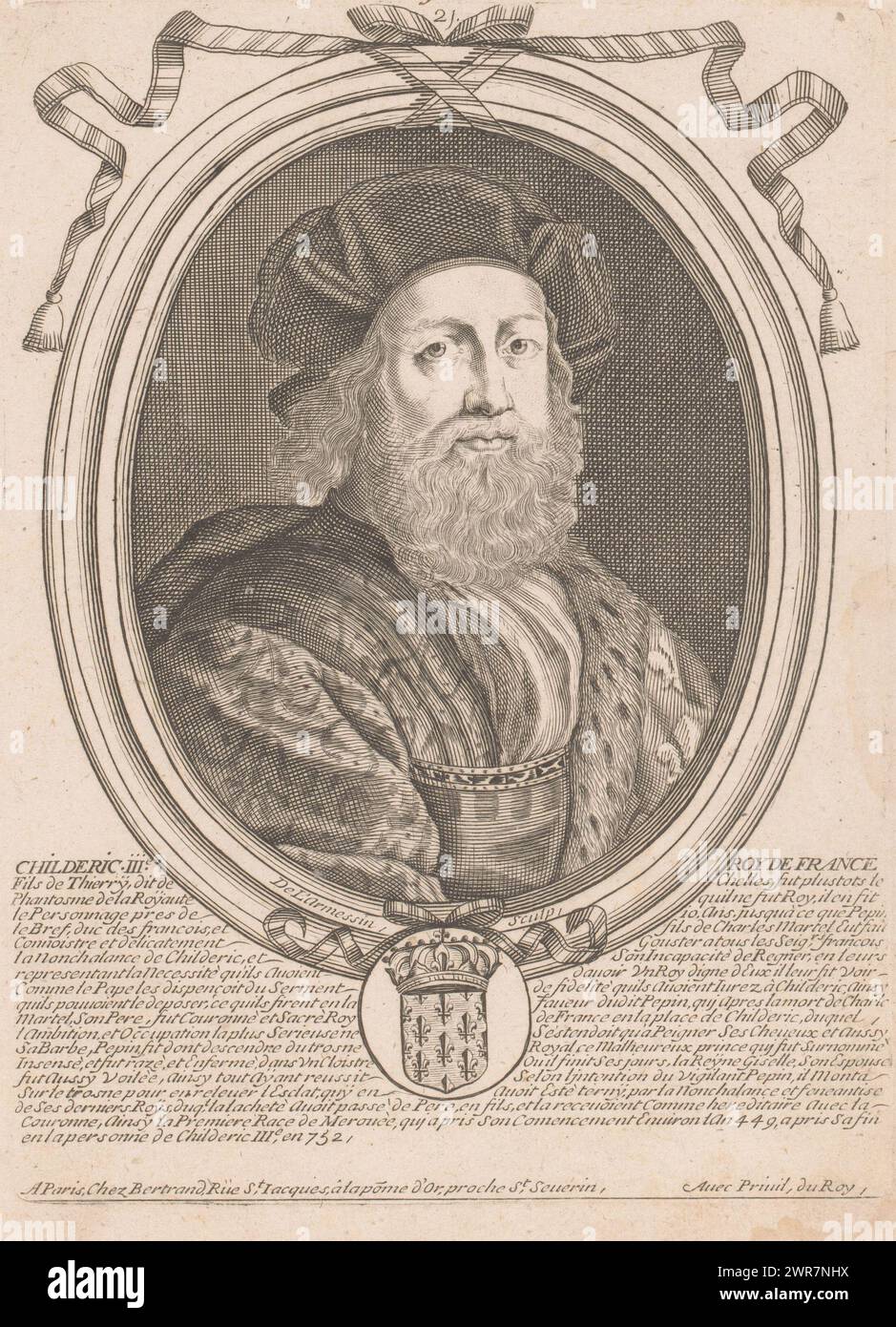 Porträt von Childeric III., Childeric III. E Roy de France (Titel auf Objekt), Porträts prominenter Figuren (Reihentitel), nummeriert oben: 21., Druckerei: Nicolas de Larmessin (I), Verlag: Pierre Bertrand, Lodewijk XIV (koning van Frankrijk), Verlag: Paris, Frankreich, 1647 - 1678, Papier, Gravur, Ätzen, Höhe 237 mm x Breite 176 mm, Druck Stockfoto