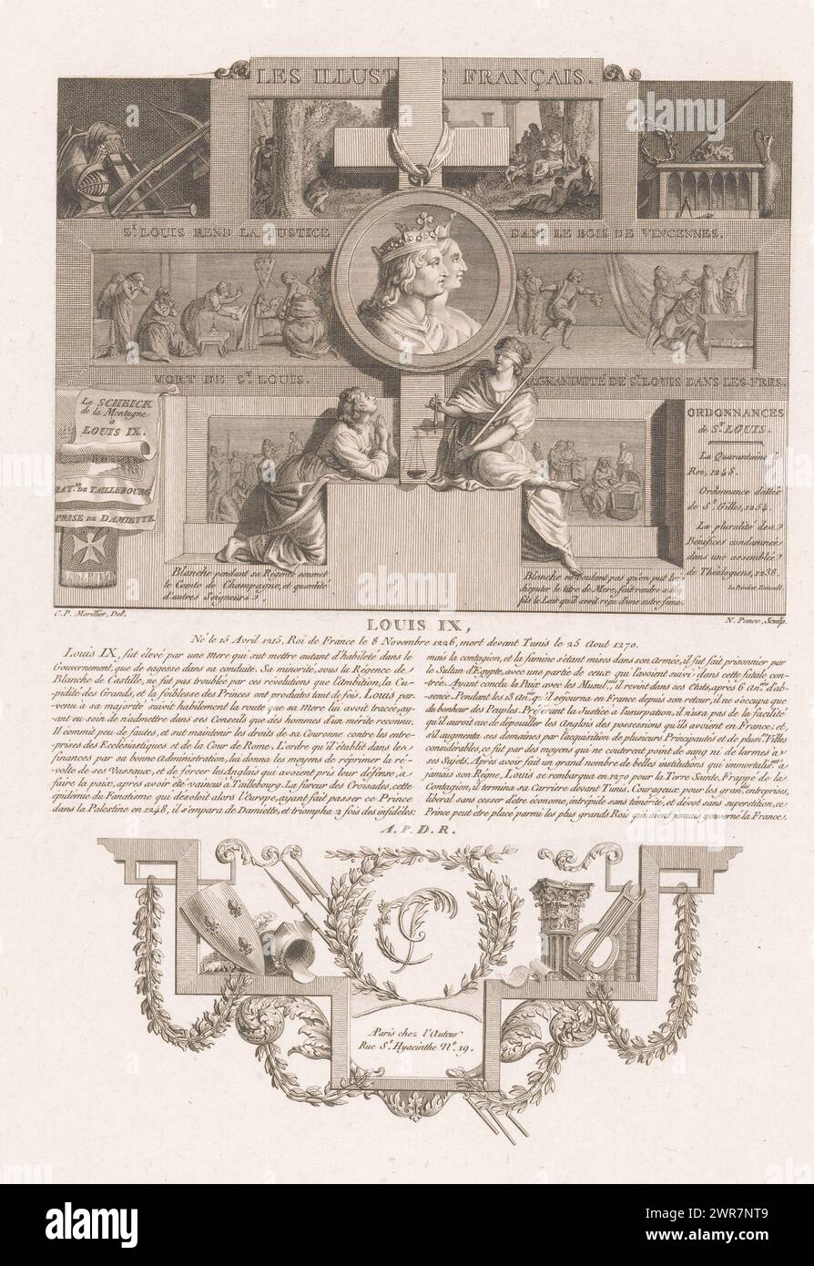 Allegorisches Porträt von Louis IX. Dem Heiligen, Porträts französischer historischer Figuren (Titel der Serie), Les illustres francais, ou tableaux historiques des grands hommes de la France (Titel der Serie), Druckerei: Nicolas Ponce, nach Zeichnung von: Clément Pierre Marillier, Verlag: Nicolas Ponce, Verlag: Paris, Frankreich, 1790 - 1816, Papier, Ätzen, Gravieren, Höhe 337 mm x Breite 230 mm, Druck Stockfoto