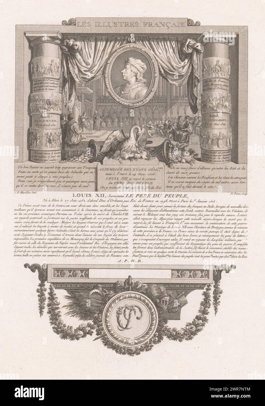 Allegorisches Porträt von Louis, Druckerei: Nicolas Ponce, nach Zeichnung von: Clément Pierre Marillier, Franse kroon, Frankreich, 1790 - 1816, Papier, Ätzen, Gravieren, Höhe 338 mm x Breite 230 mm, Druck Stockfoto