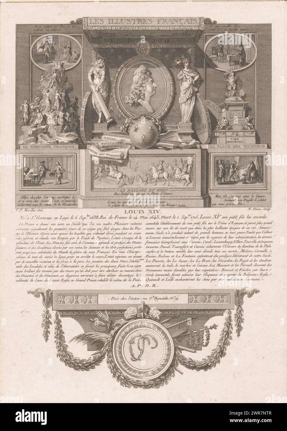 Allegorisches Porträt von Louis, Druckerei: Nicolas Ponce, nach Zeichnung von: Clément Pierre Marillier, Verlag: Nicolas Ponce, Verlag: Paris, Frankreich, 1790 - 1816, Papier, Ätzen, Gravieren, Höhe 270 mm x Breite 193 mm, Druck Stockfoto