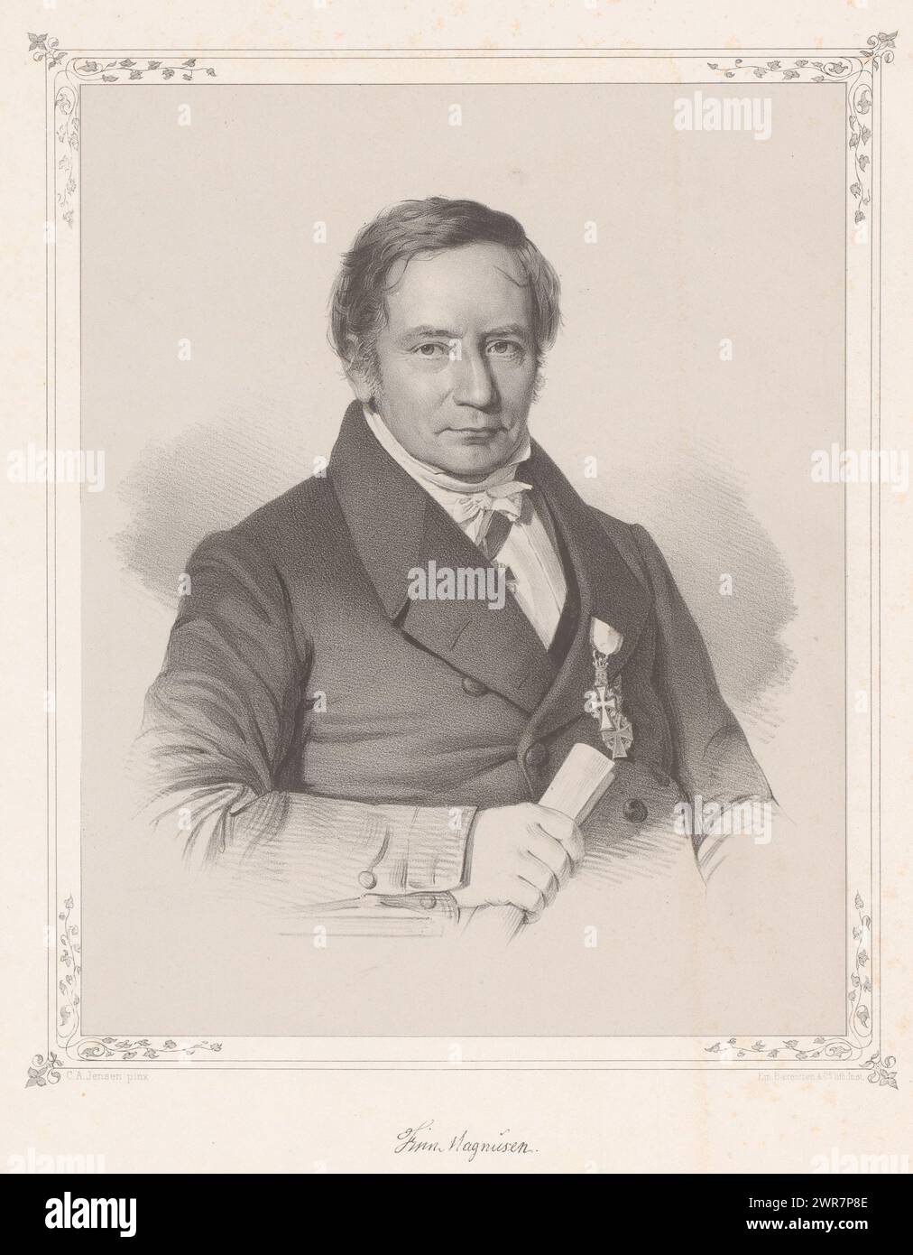 Porträt von Finnur Magnússon, Druckerei: Emilius Ditlev Baerentzen, Drucker: EM. Baerentzen & Co., nach Malerei von Christian Albrecht Jensen, Kopenhagen (Stadt), 1837 - 1868, Papier, Höhe 344 mm x Breite 254 mm, Höhe 224 mm x Breite 180 mm, Druck Stockfoto