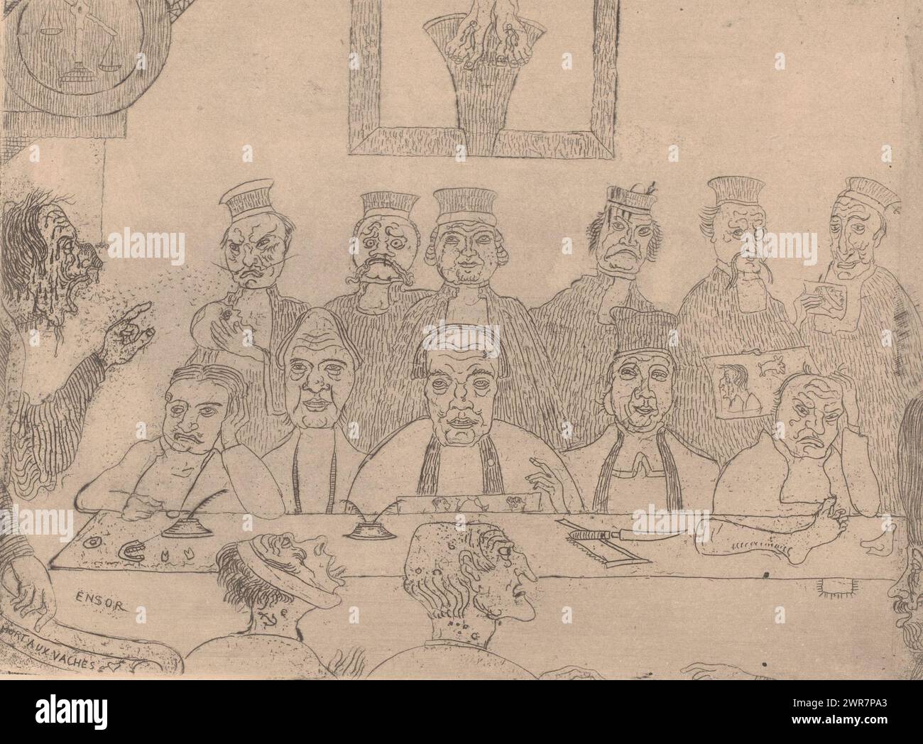 Juroren an einem langen Tisch mit Richtern dahinter, Les bons juges, Druckmacher: James Ensor, 1894, Papier, Ätzen, Trockenspitzen, Höhe 180 mm x Breite 240 mm, bedruckt Stockfoto
