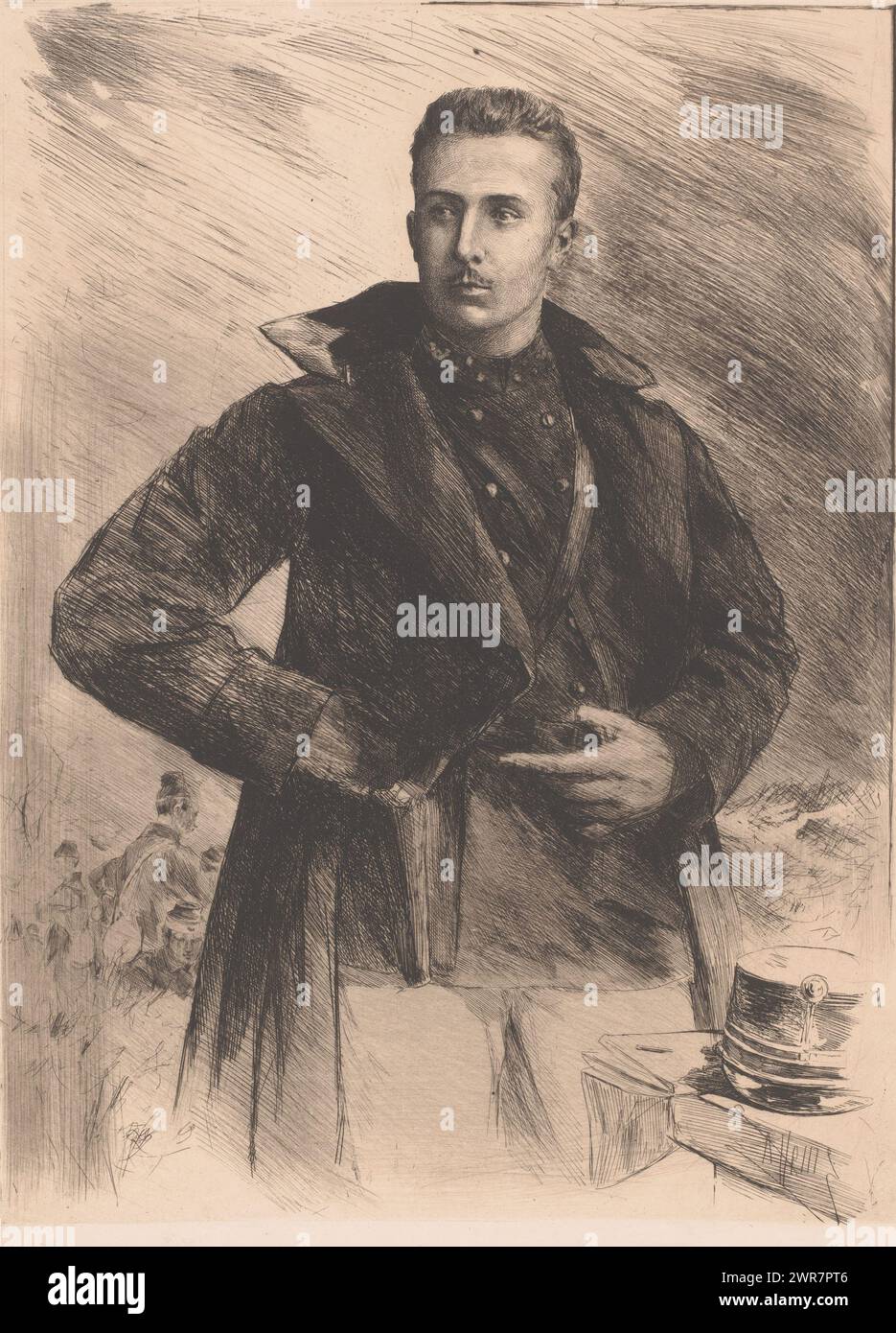 Porträt von Prinz Baudouin von Belgien, Prinz Baudouin trägt eine Militäruniform. Andere Soldaten im Hintergrund., Druckerei: Armand Heins, 1866 - 1910, Papier, Ätzung, Höhe 365 mm x Breite 290 mm, Druck Stockfoto