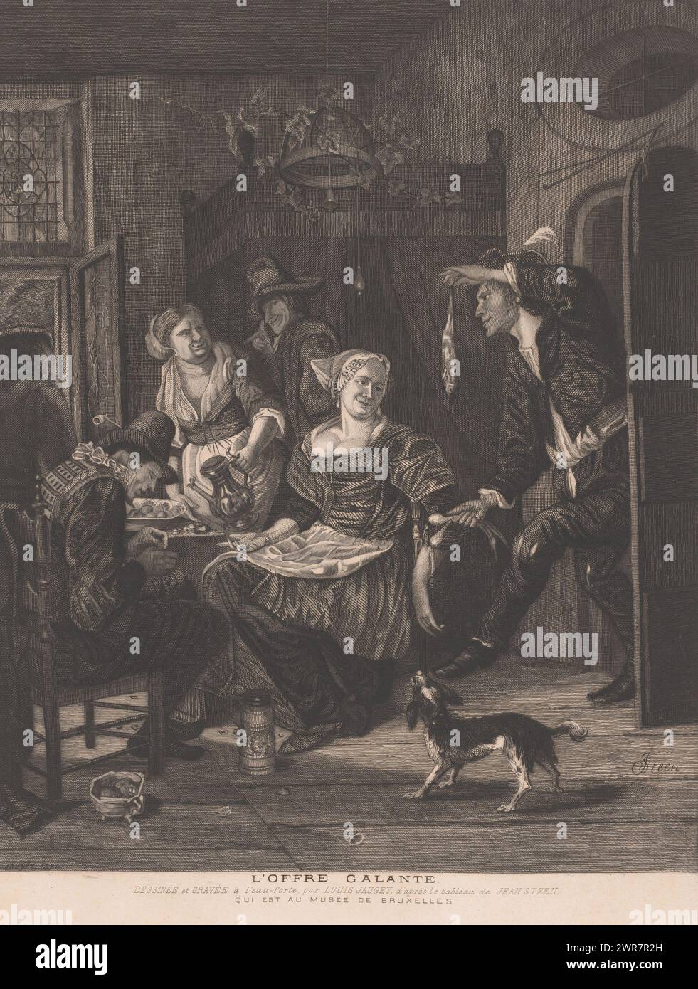 Man betritt einen Raum mit Gesellschaft am Tisch und bietet einen Fisch an, das Liebesangebot, L'Offre galante (Titel über Objekt), Druckerei: Louis Jaugey, nach dem Malen von: Jan Havicksz. Steen, 1884, Papier, Ätzen, Gravieren, Höhe 510 mm, Breite 291 mm, bedruckt Stockfoto