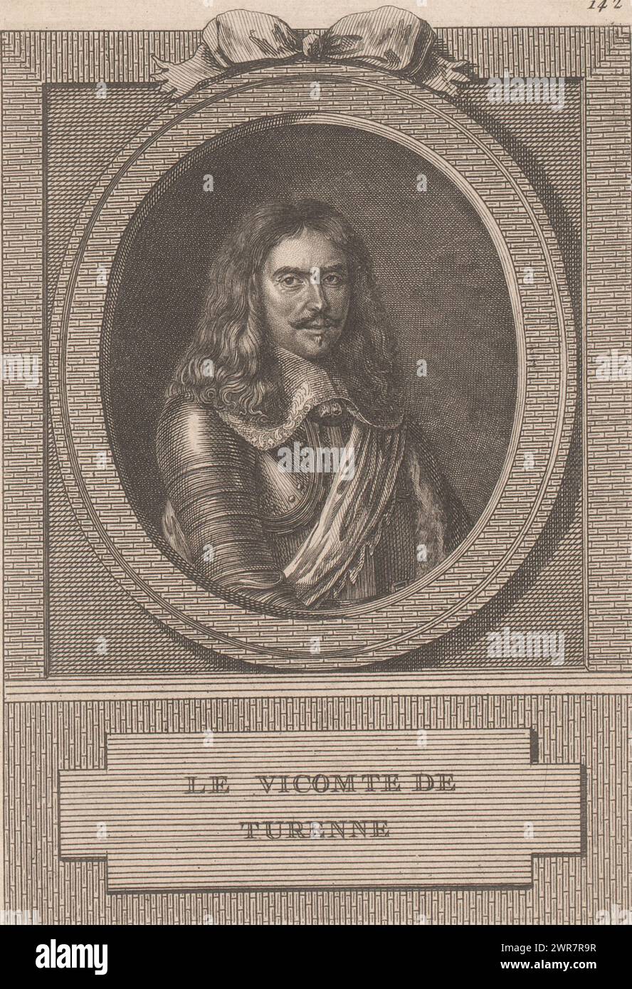 Porträt Henri de La Tour d'Auvergne, Le vicomte de Turenne (Titel auf Objekt), nummeriert oben rechts: 142., Druckerei: Pierre Adrien Le Beau, nach eigenem Entwurf von: Pierre Adrien Le Beau, Frankreich, 1758 - 1806, Papier, Radierung, Gravur, Höhe 171 mm x Breite 118 mm, bedruckt Stockfoto