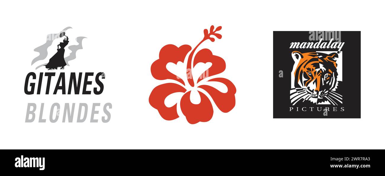 Gitanes Blondes, Mandalay Bilder, Hibiskus Blume. Kunst und Design Vektor-Logo auf isoliertem Hintergrund. Stock Vektor