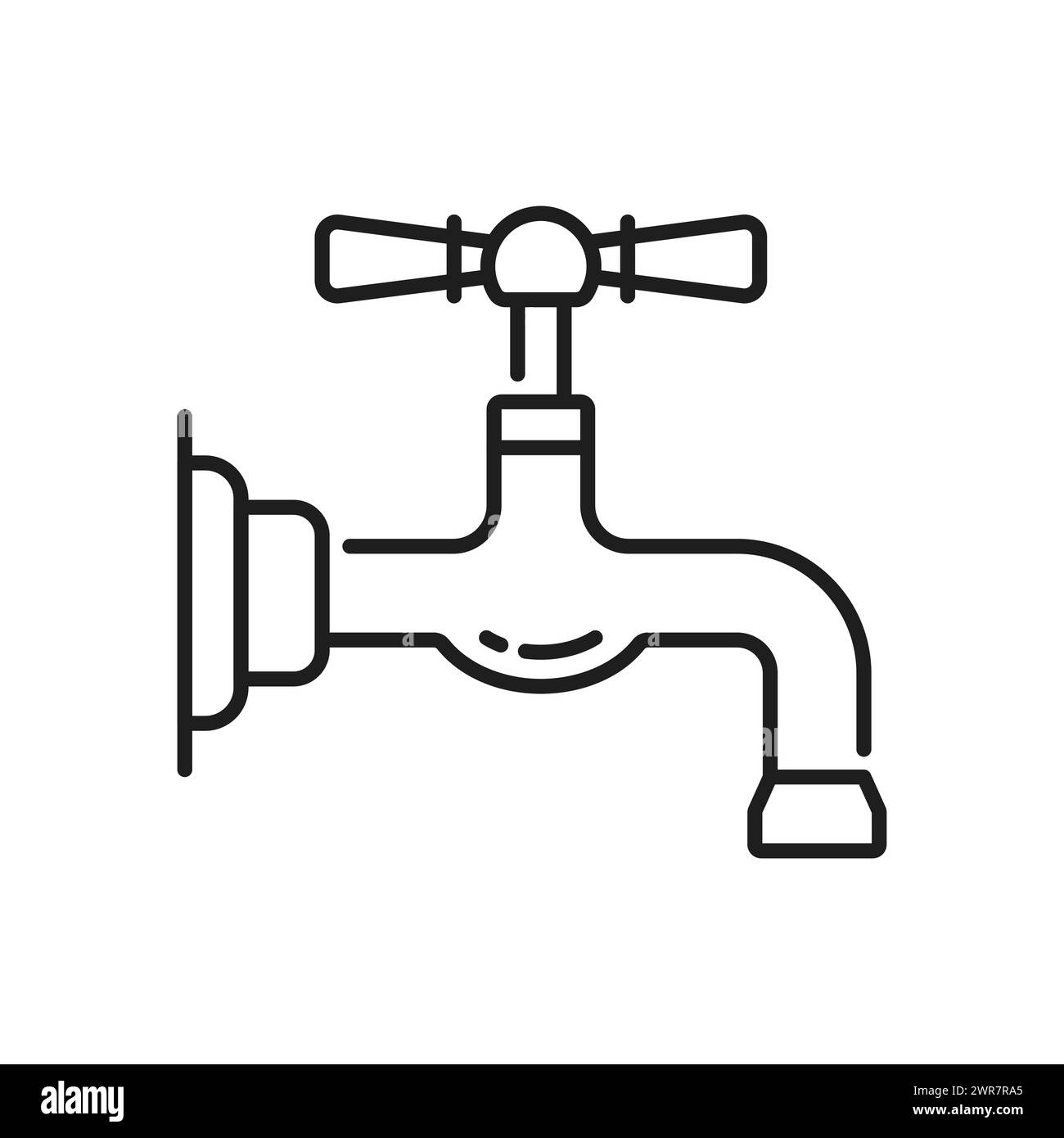 Wasserhahn für Küche und Bad mit Druckhahn, Symbol für dünne Linie. Haus Badewanne Hahn Ventil, Badezimmer moderne Wasserhahn oder Küche Wassermischer lineare Vektor Symbol. Piktogramm oder Symbol für die Wasserhahnlinie der Toilette Stock Vektor