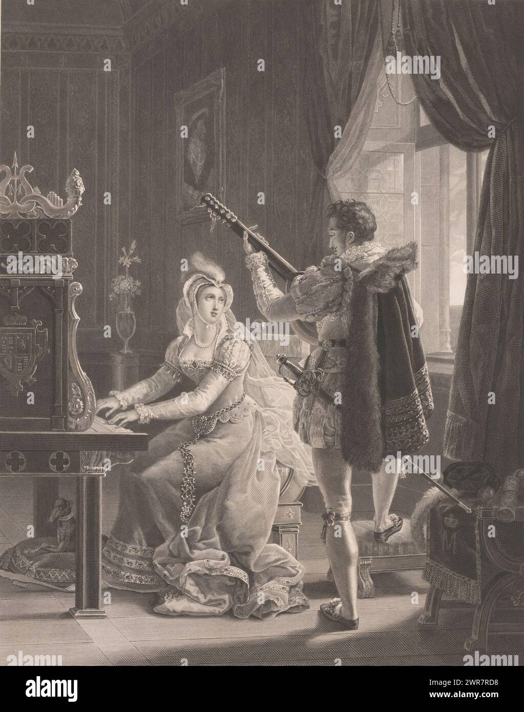 Maria I Stuart musiziert mit Adligen, Marie Stuart (Titel über Objekt), Druckerei Jean Louis Charles Pauquet, nach Malerei von Louis ducis, Drucker: Durand & Sauvé, Paris, 1769 - 1824, Papier, Stahlstich, Höhe 547 mm x Breite 423 mm, bedruckt Stockfoto