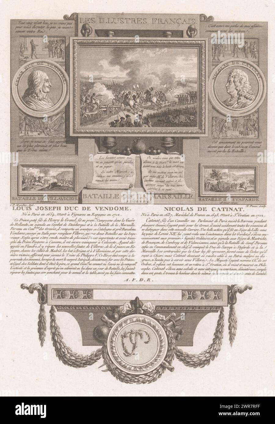 Allegorische Porträts von Louis Joseph de Bourbon-Vendôme und Nicolas de La Fauconnière de Catinat, Porträts französischer historischer Figuren (Titel der Serie), Les illustres francais, ou tableaux historiques des grands hommes de la France (Titel der Serie), Druckerei: Nicolas Ponce, nach Zeichnung von: Clément Pierre Marillier, Franse kroon, Frankreich, 1790 - 1816, Papier, Ätzen, Gravieren, Höhe 338 mm x Breite 228 mm, Druck Stockfoto