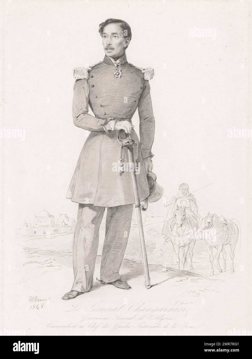 Porträt von Nicolas Anne Théodule Changarnier, Le Général Changarnier (Titel über Objekt), Druckerei: Léopold Massard, (signiert von Künstler), nach Entwurf: Horace Vernet, 1848 - 1889, Papier, Ätzung, Trockenspitze, Höhe 276 mm x Breite 272 mm, bedruckt Stockfoto