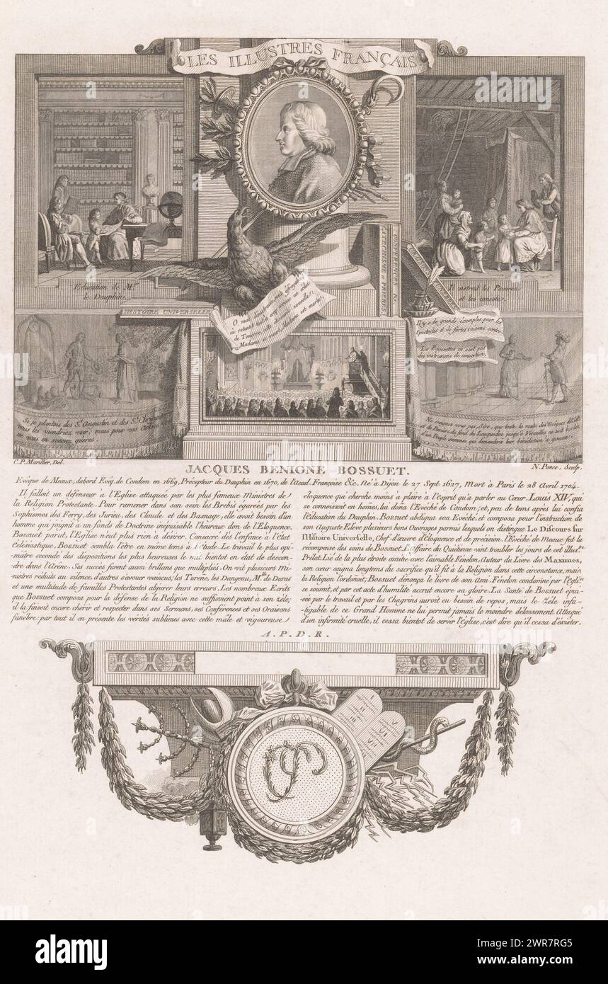 Allegorisches Porträt von Jacques Bénigne Bosseut, Porträts französischer historischer Figuren (Serientitel), Les illustres francais, ou tableaux historiques des grands hommes de la France (Serientitel), Druckerei: Nicolas Ponce, nach Zeichnung von: Clément Pierre Marillier, Franse kroon, Frankreich, 1790 - 1816, Papier, Ätzen, Gravieren, Höhe 337 mm x Breite 228 mm, Druck Stockfoto