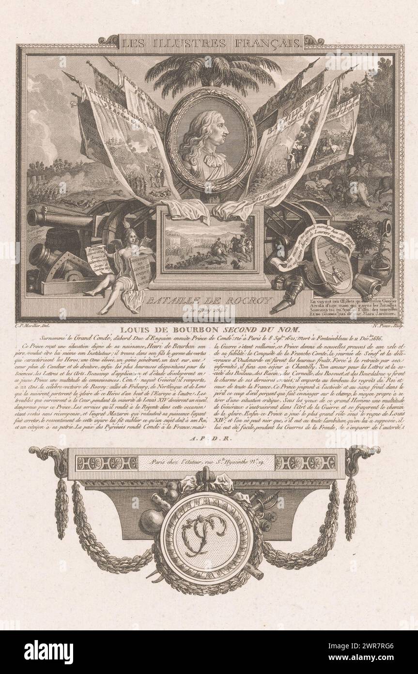 Allegorisches Porträt von Louis II. De Bourbon-Condé, Porträts französischer historischer Figuren (Serientitel), Les illustres francais, ou tableaux historiques des grands hommes de la France (Serientitel), Druckerei: Nicolas Ponce, nach Zeichnung von: Clément Pierre Marillier, Verlag: Nicolas Ponce, Verlag: Paris, Frankreich, 1790 - 1816, Papier, Ätzen, Gravieren, Höhe 337 mm x Breite 229 mm, Druck Stockfoto