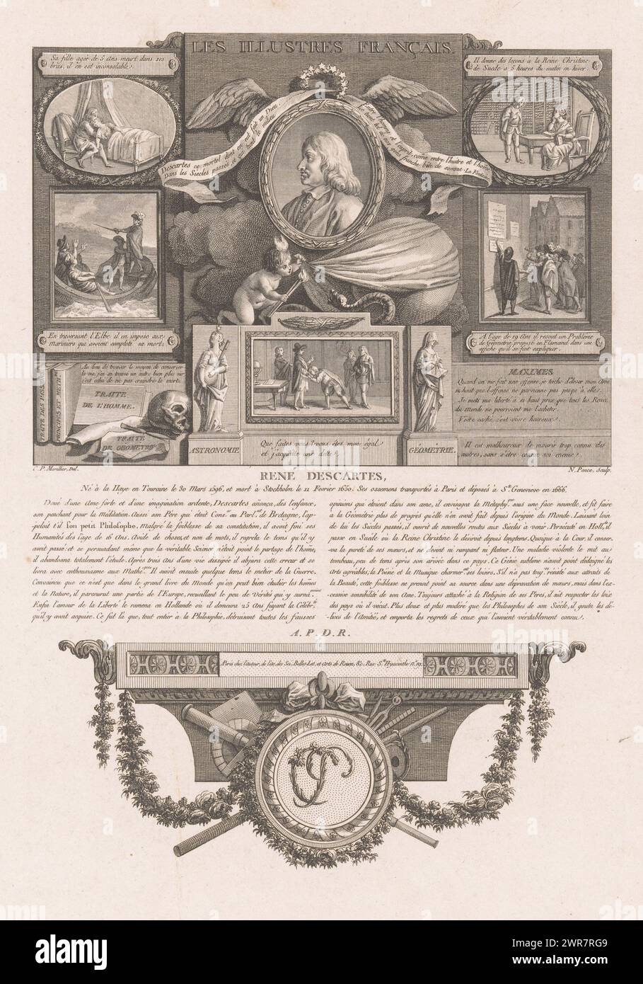 Allegorisches Porträt von René Descartes, Porträts französischer historischer Figuren (Titel der Serie), Les illustres francais, ou tableaux historiques des grands hommes de la France (Titel der Serie), Druckerei: Nicolas Ponce, nach Zeichnung von: Clément Pierre Marillier, Verlag: Nicolas Ponce, Verlag: Paris, Frankreich, 1790 - 1816, Papier, Ätzen, Gravieren, Höhe 335 mm x Breite 225 mm, Druck Stockfoto