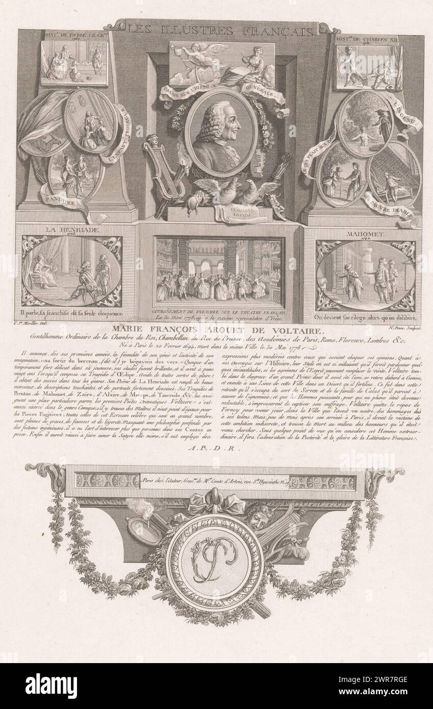 Allegorisches Porträt von Voltaire, Porträts französischer historischer Figuren (Reihentitel), Les illustres francais, ou tableaux historiques des grands hommes de la France (Reihentitel), Druckerei: Nicolas Ponce, nach Zeichnung von: Clément Pierre Marillier, Verlag: Nicolas Ponce, Verlag: Paris, Frankreich, 1790 - 1816, Papier, Ätzen, Gravieren, Höhe 337 mm x Breite 230 mm, Druck Stockfoto